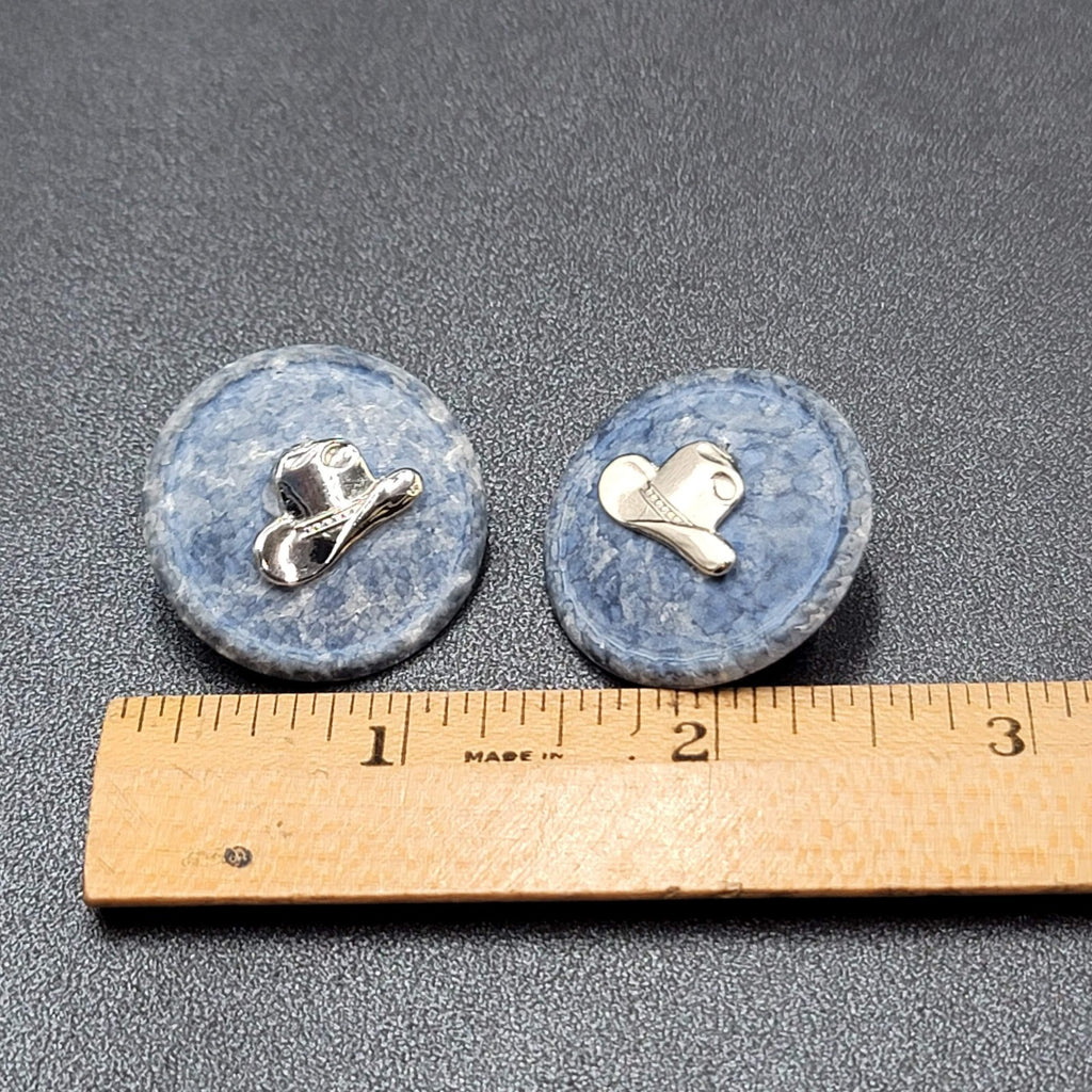 Vintage Pierced Earrings Blue Disc Western Cowboy Hat Silver tone 1 1/8"