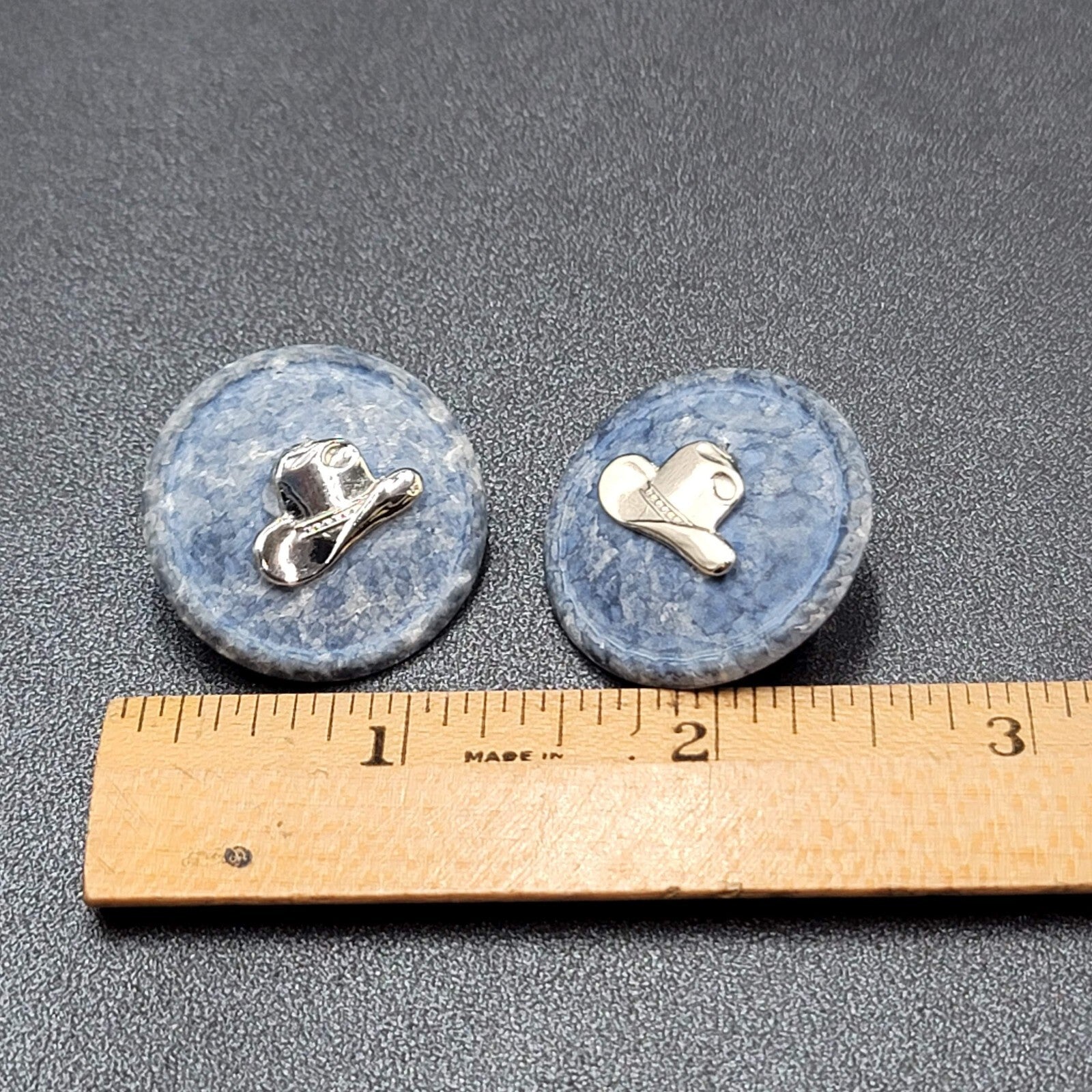 Vintage Pierced Earrings Blue Disc Western Cowboy Hat Silver tone 1 1/8"