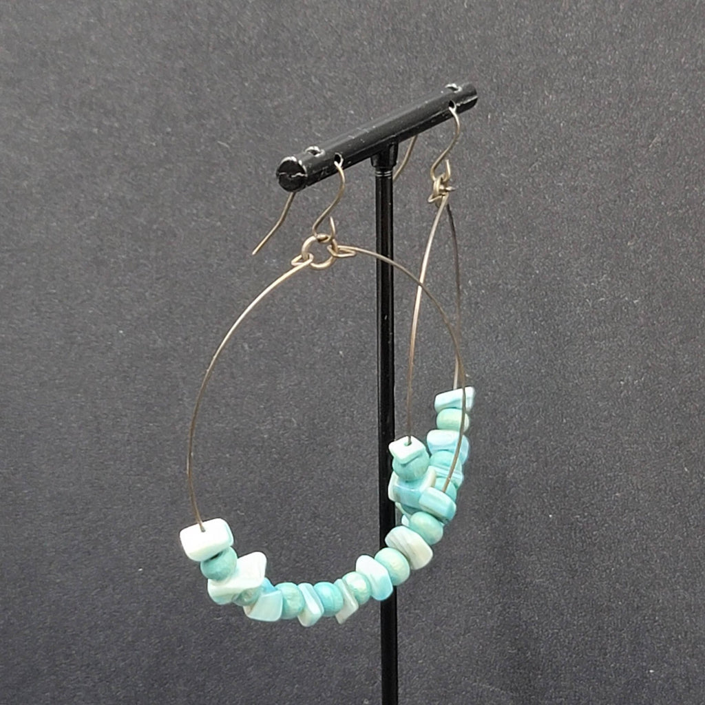 Pierced Earrings Bronze tone Blue Shell and Wood Bead Hoops  2"
