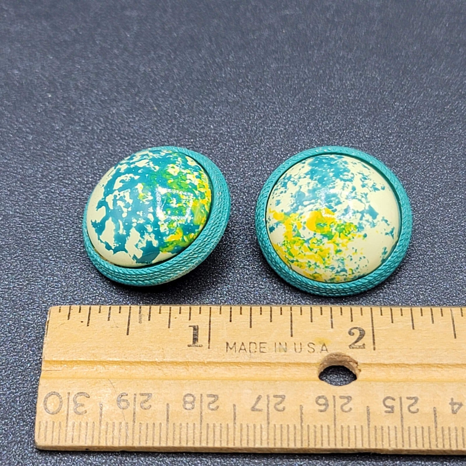 Vintage Clip on Earrings Round Dome Blue Green Yellow Speckle Studs 1" Hong Kong