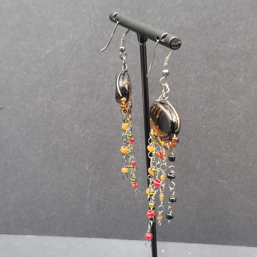 Boho Pierced Earrings Multi color Glass Beads Unusual Dangle Chains 2.75"