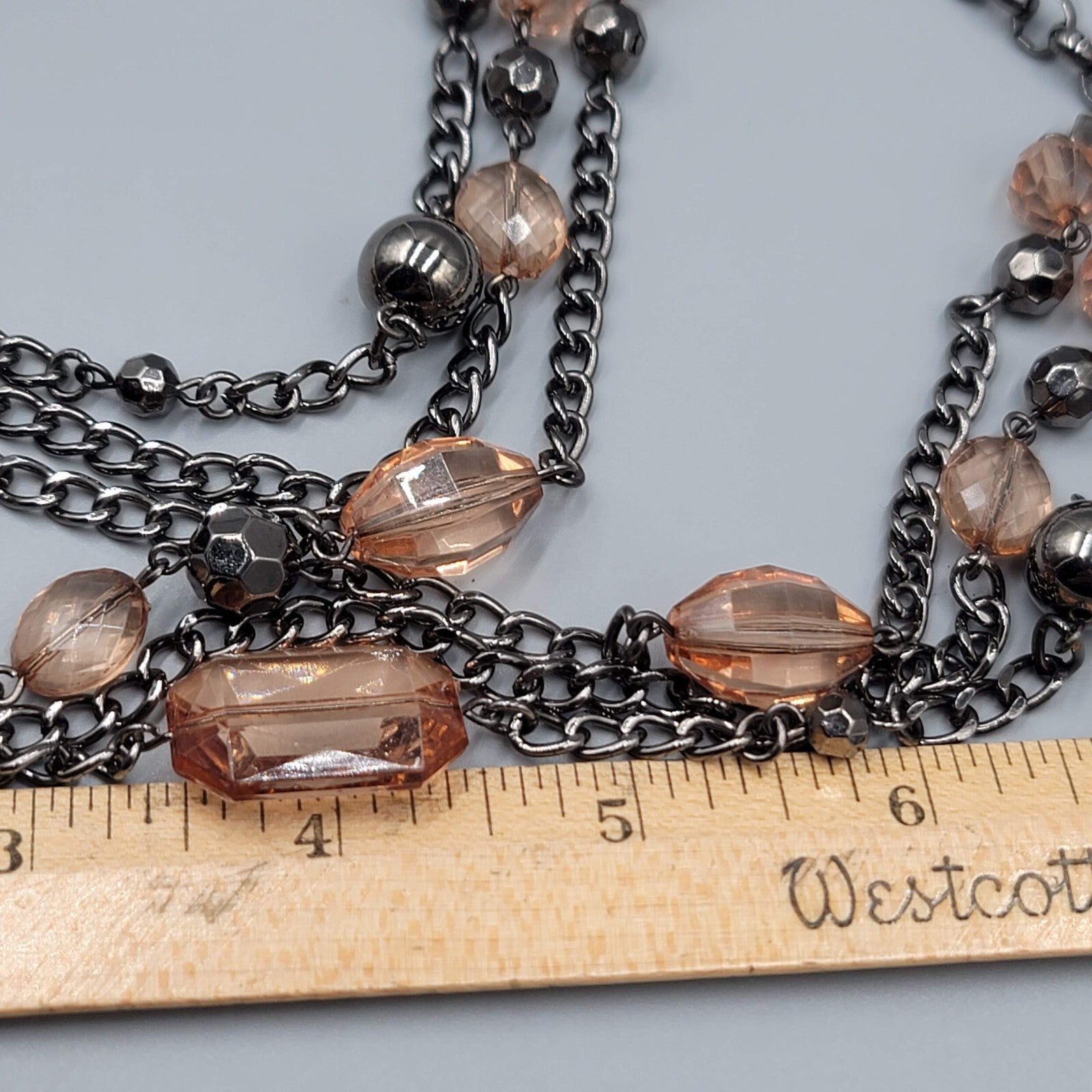 Black Metal Necklace Triple Chain Layered Long Peach Beads 30"