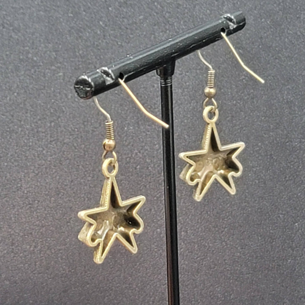 New WINGED STARS Pierced Earrings Bronze tone Dangle 7/8"