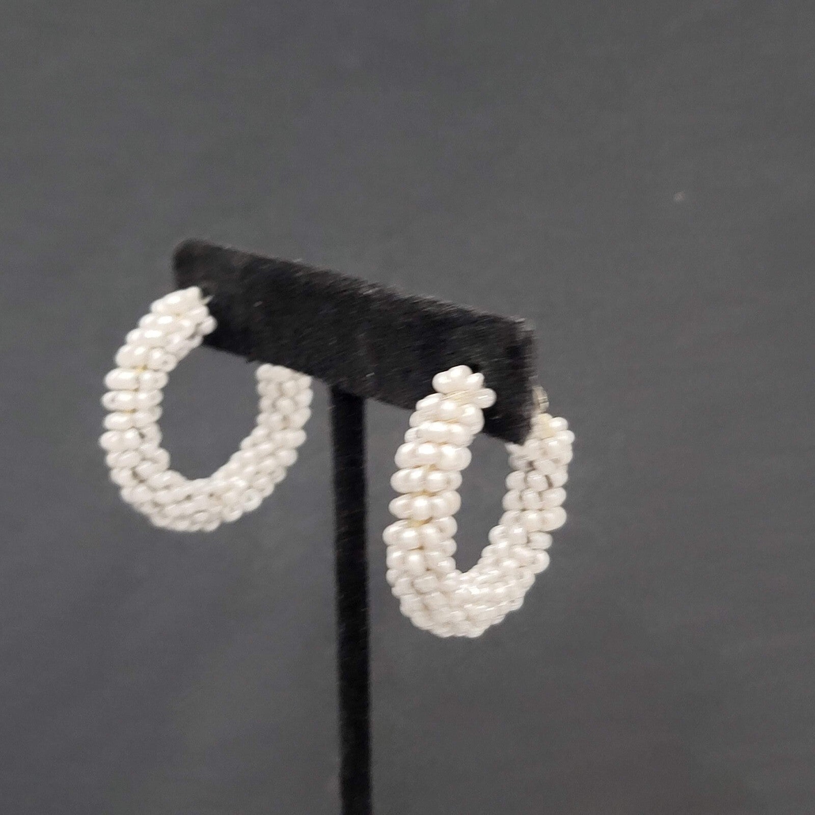 Pierced Earrings Light Gray Seed Bead Covered Hoops 1.25"