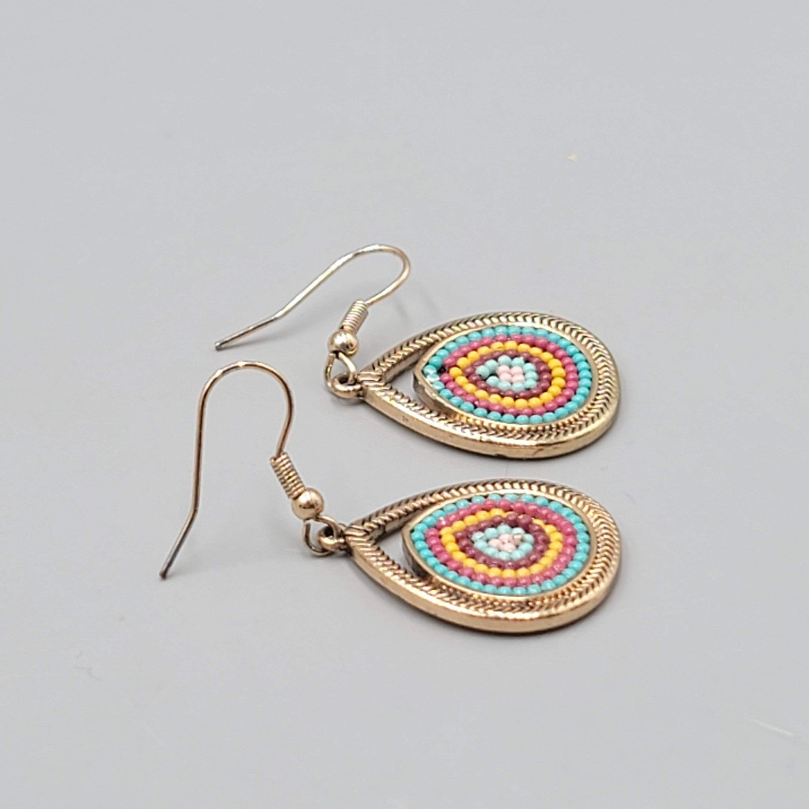 Boho Teardrop Pierced Earrings Gold tone Dangle Multicolor 1 1/8"