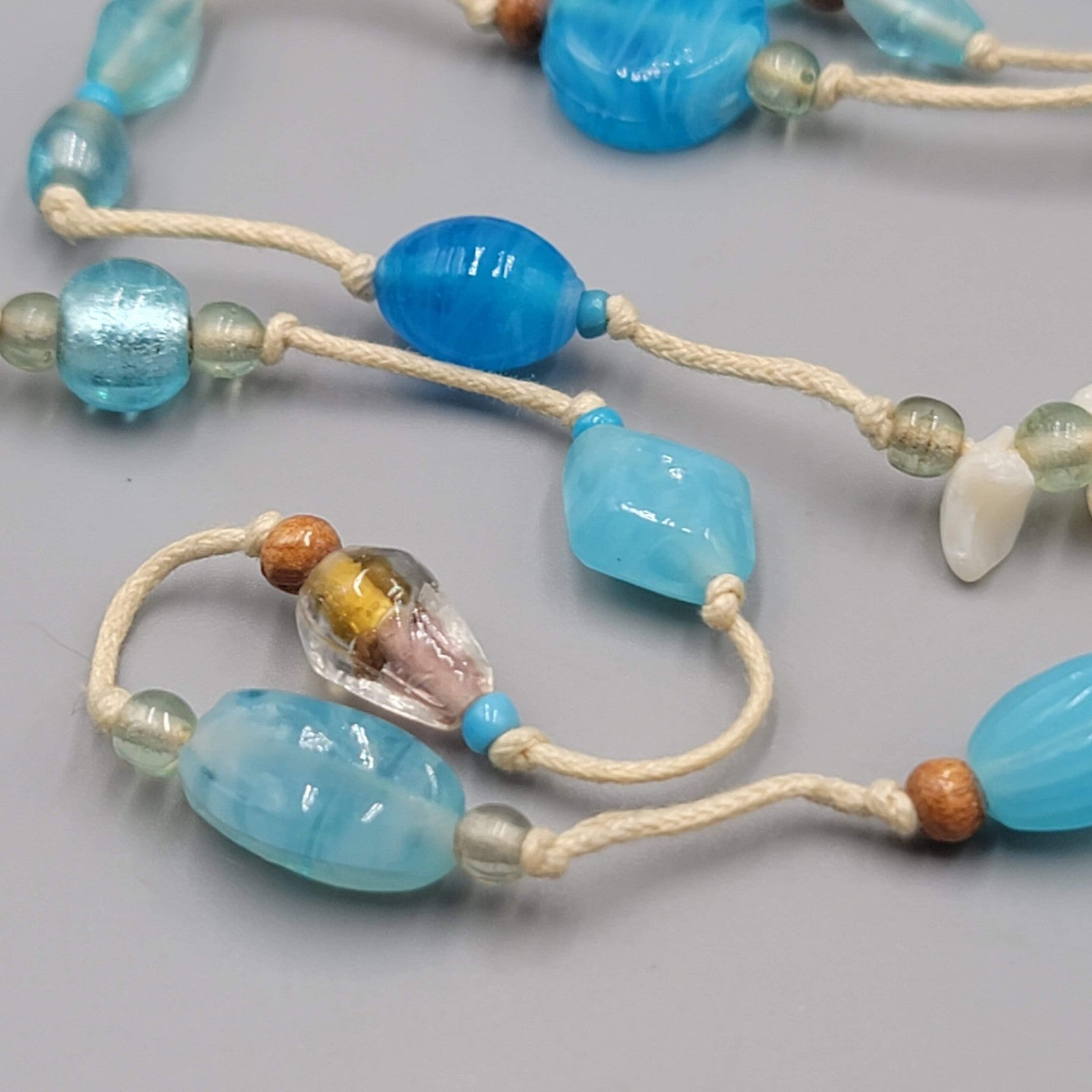 Vintage Blue Glass Bead Necklace Beach Theme Nautical Seashell Accents Long 44"