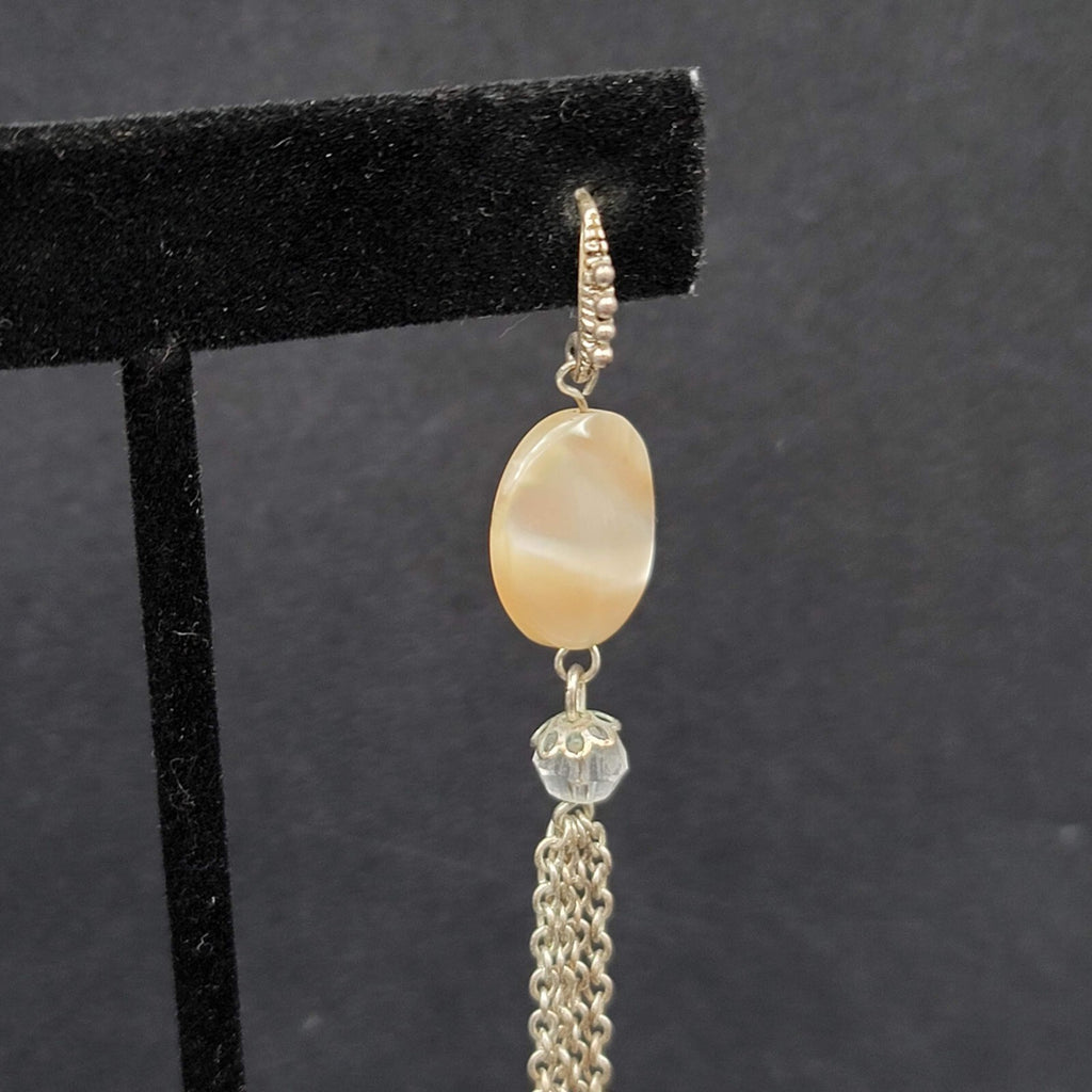 Pierced Earrings Silver tone Mother of Pearl Disc Dangle Chains 3.5"