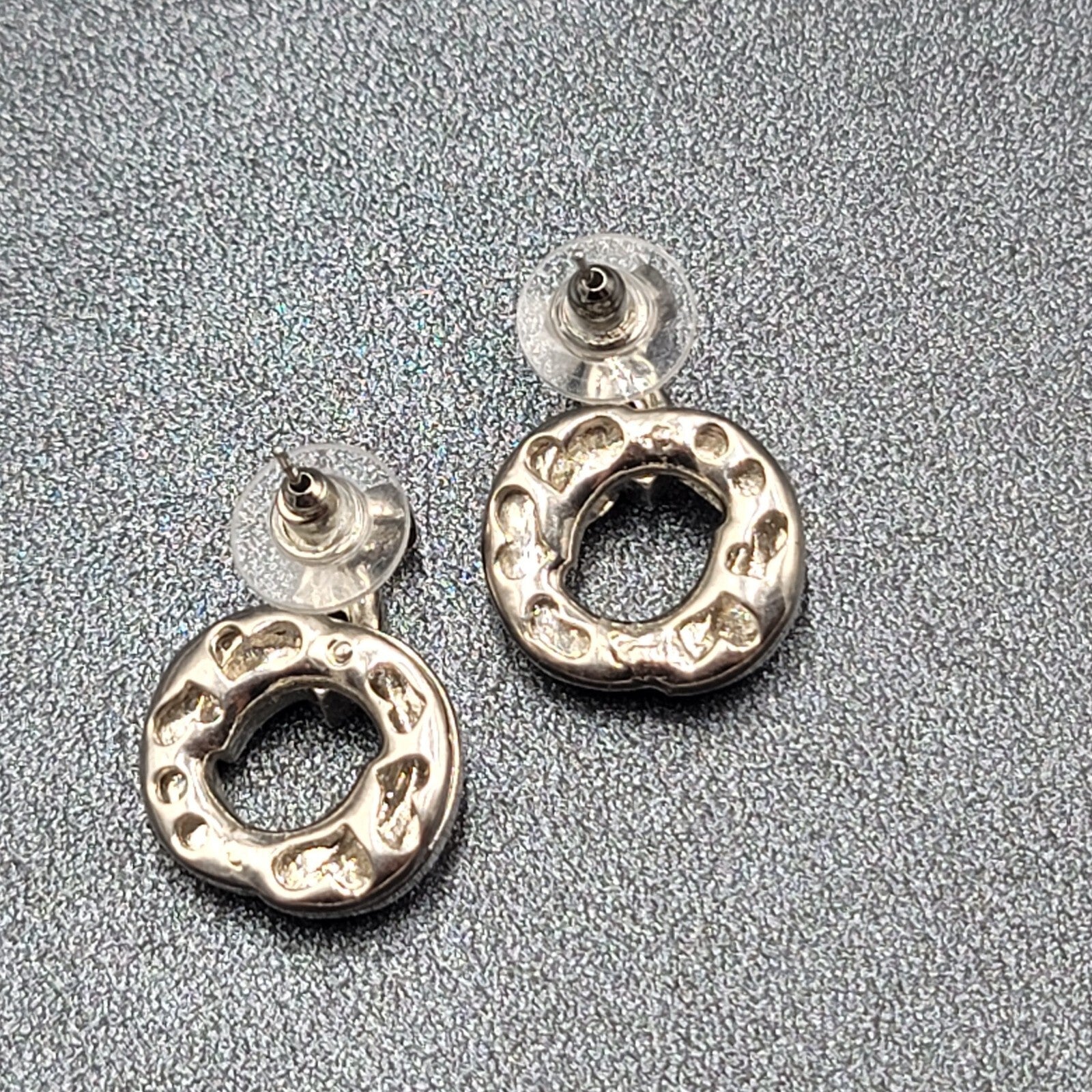 Pierced Earrings Silver tone Black Enamel Rhinestone Drop 1"