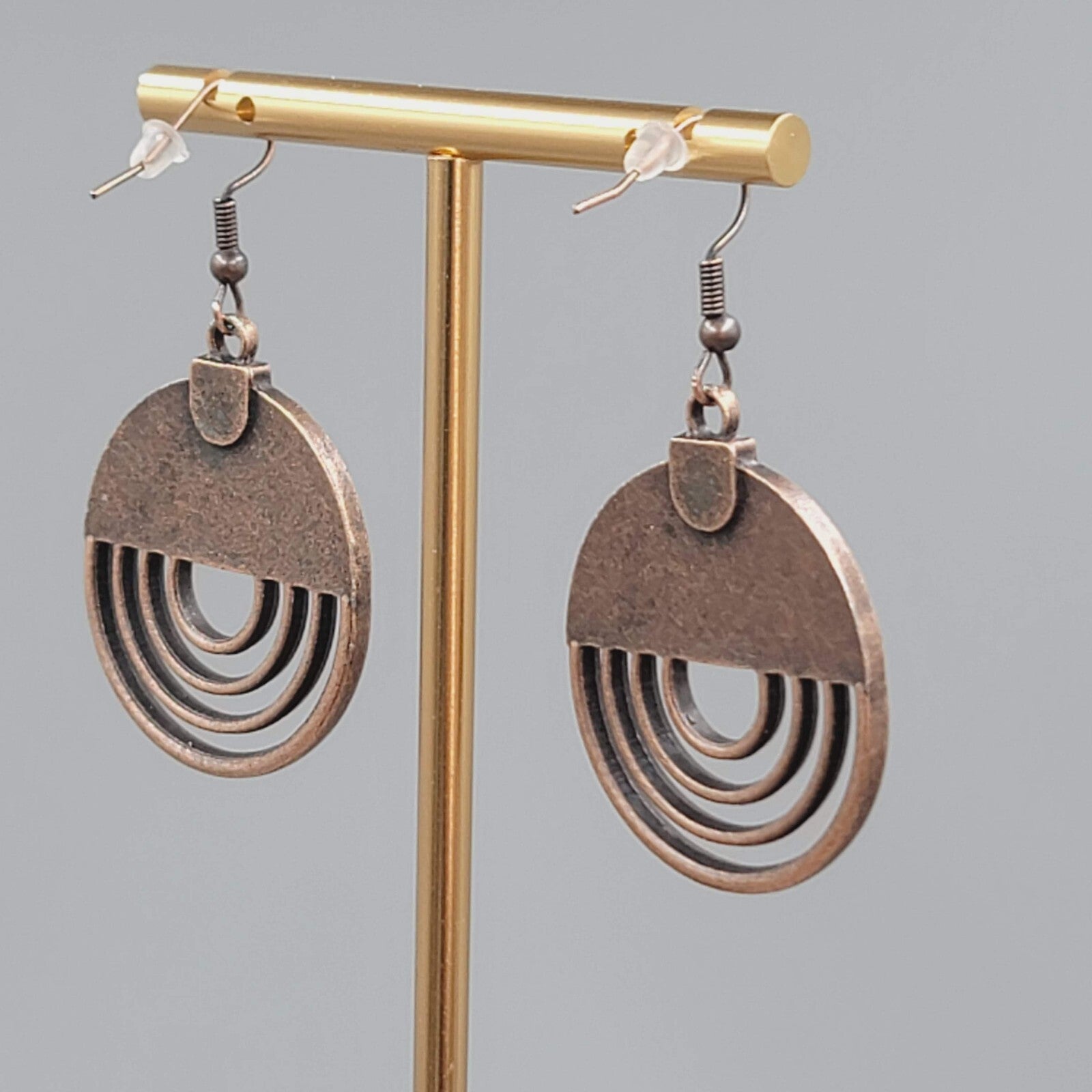 Bronze tone Dangle Pierced Earrings Textured Round Open Work Dangle 1 3/8"