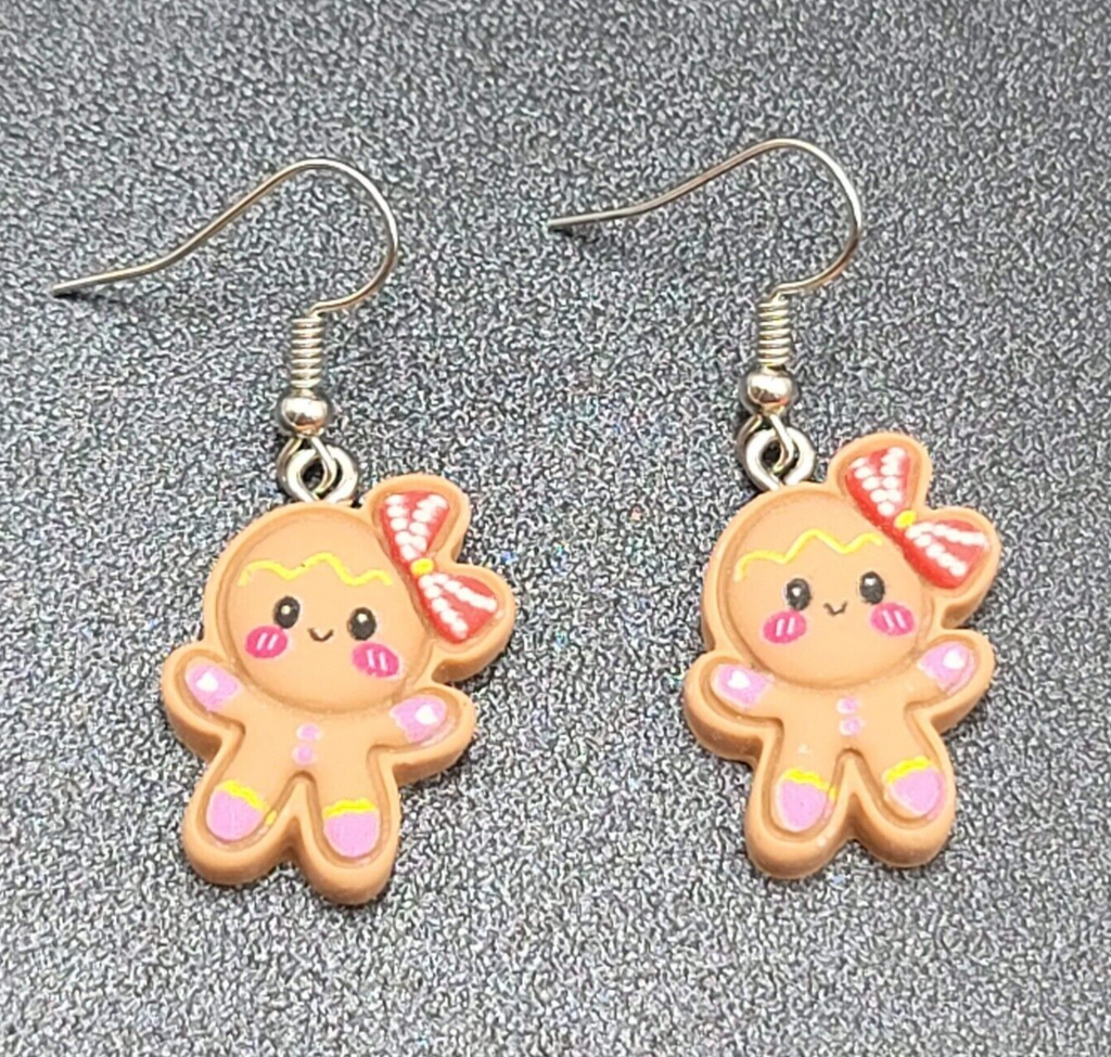 Gingerbread Girl Christmas Pierced Earrings Puffy 3D Dangle 1"