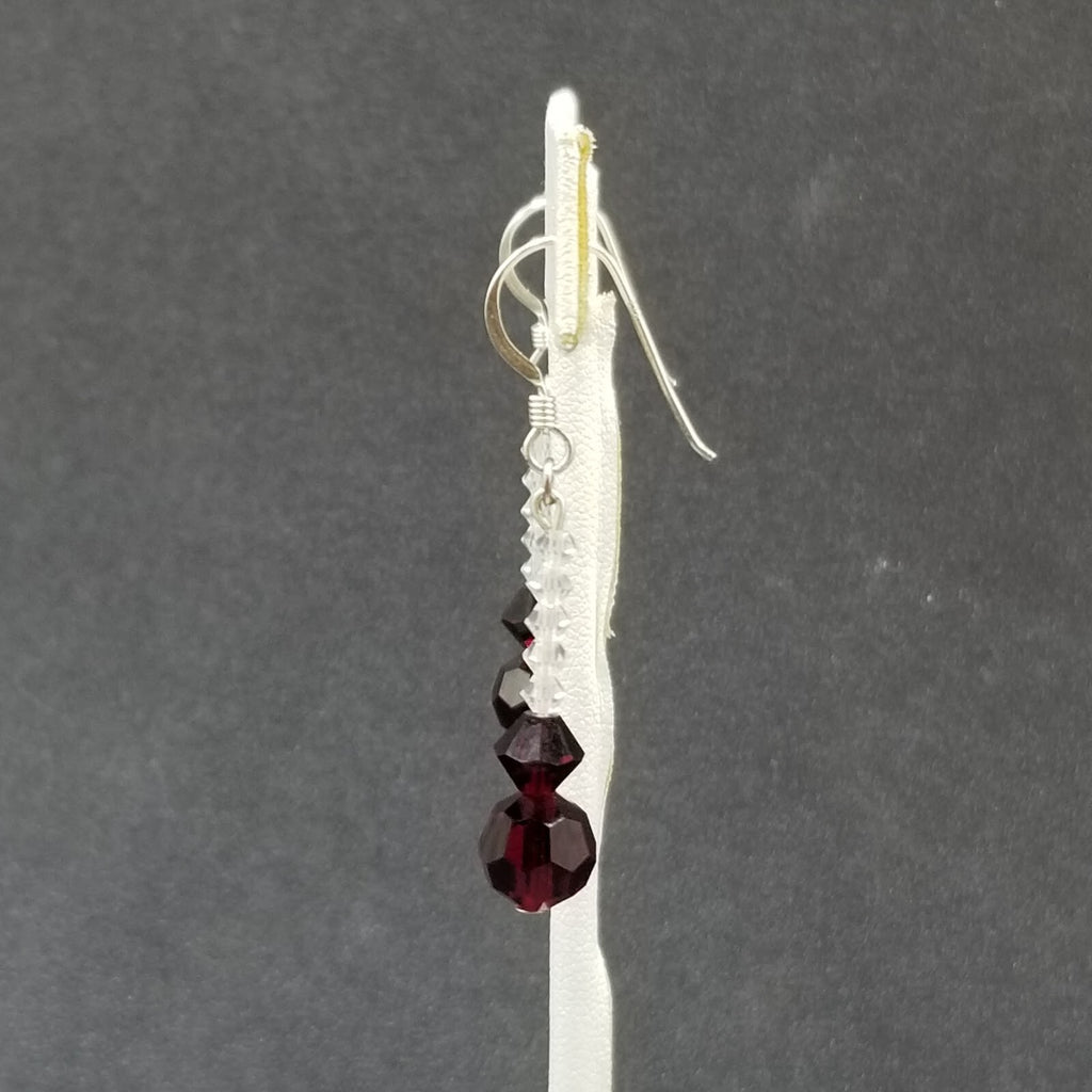Pierced Earrings Silver tone Red Crystal Faceted Bead Dangle 1"