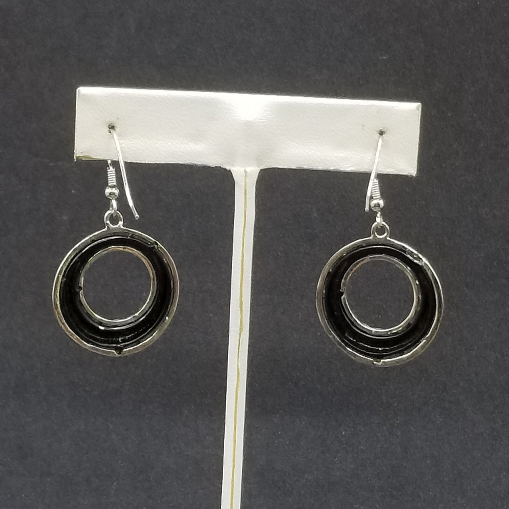 Pierced Earrings Silver tone Black Acrylic Geometric Ring Statement Dangle 1"