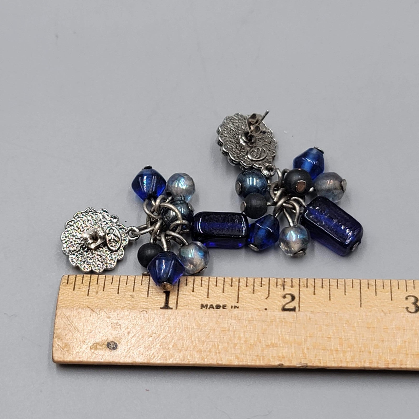 Oops a Daisy Pierced Earrings Blue Glass Beads Silver tone 1.5 in