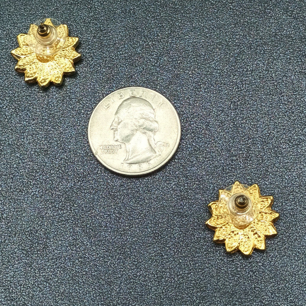 Pierced Earrings Gold tone Black Enamel Flower Studs  3/4"