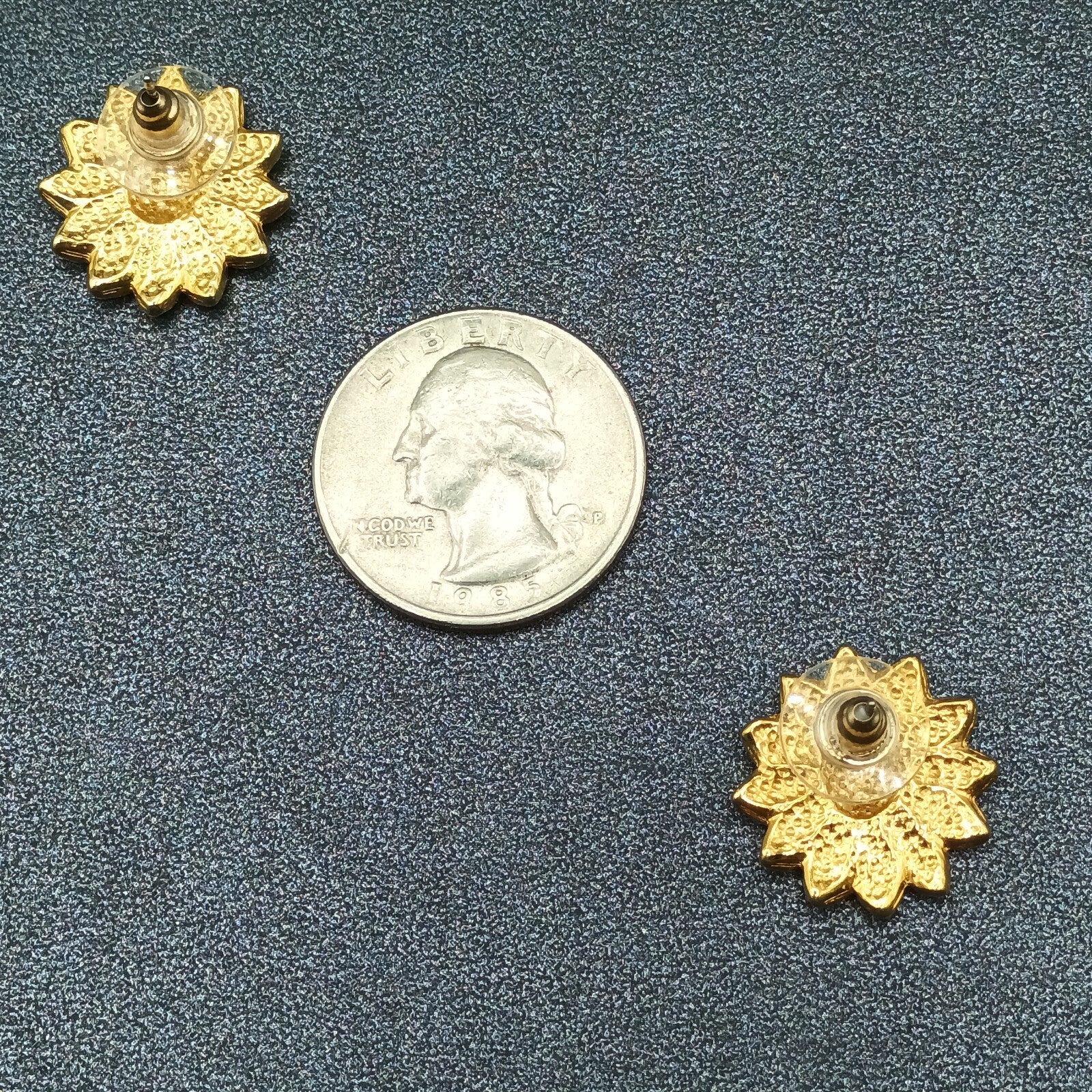Pierced Earrings Gold tone Black Enamel Flower Studs  3/4"