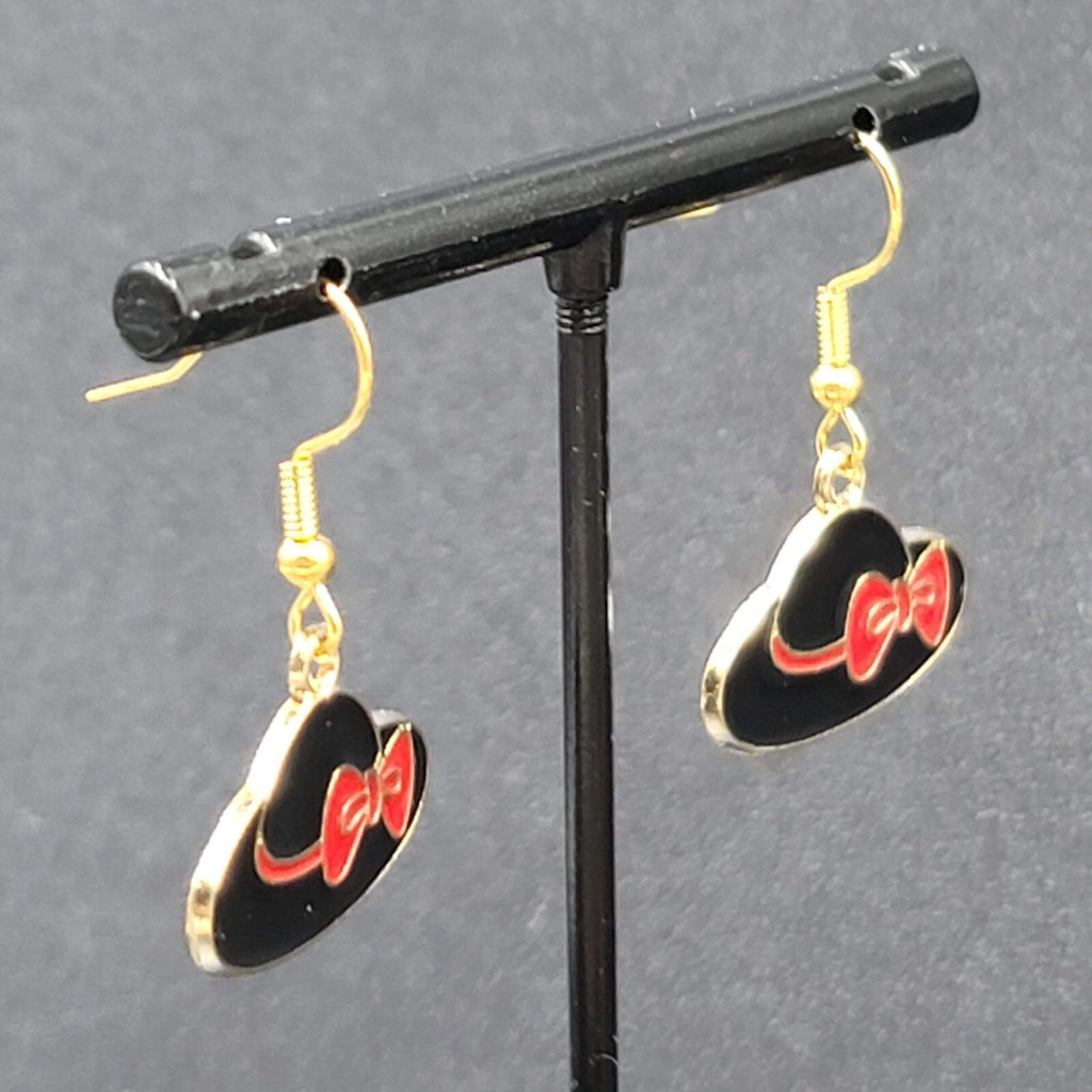Hat Pierced Earrings Gold tone Red Black Enamel Dangle 5/8"
