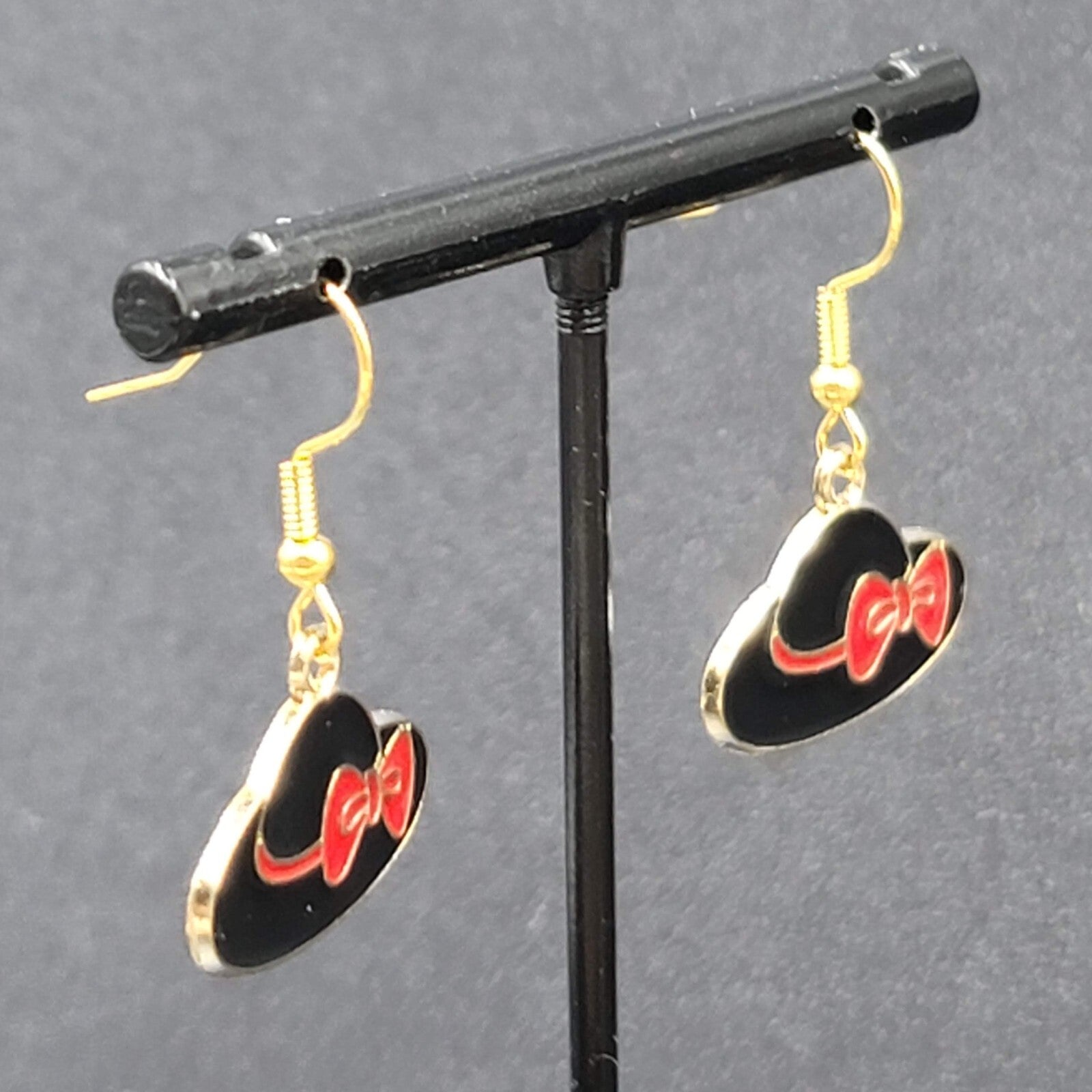 Hat Pierced Earrings Gold tone Red Black Enamel Dangle 5/8"