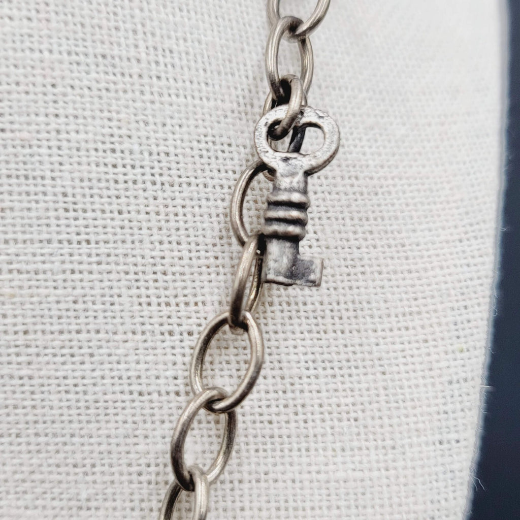 Skeleton Key Heart Charm Necklace Silver tone Statement 22"