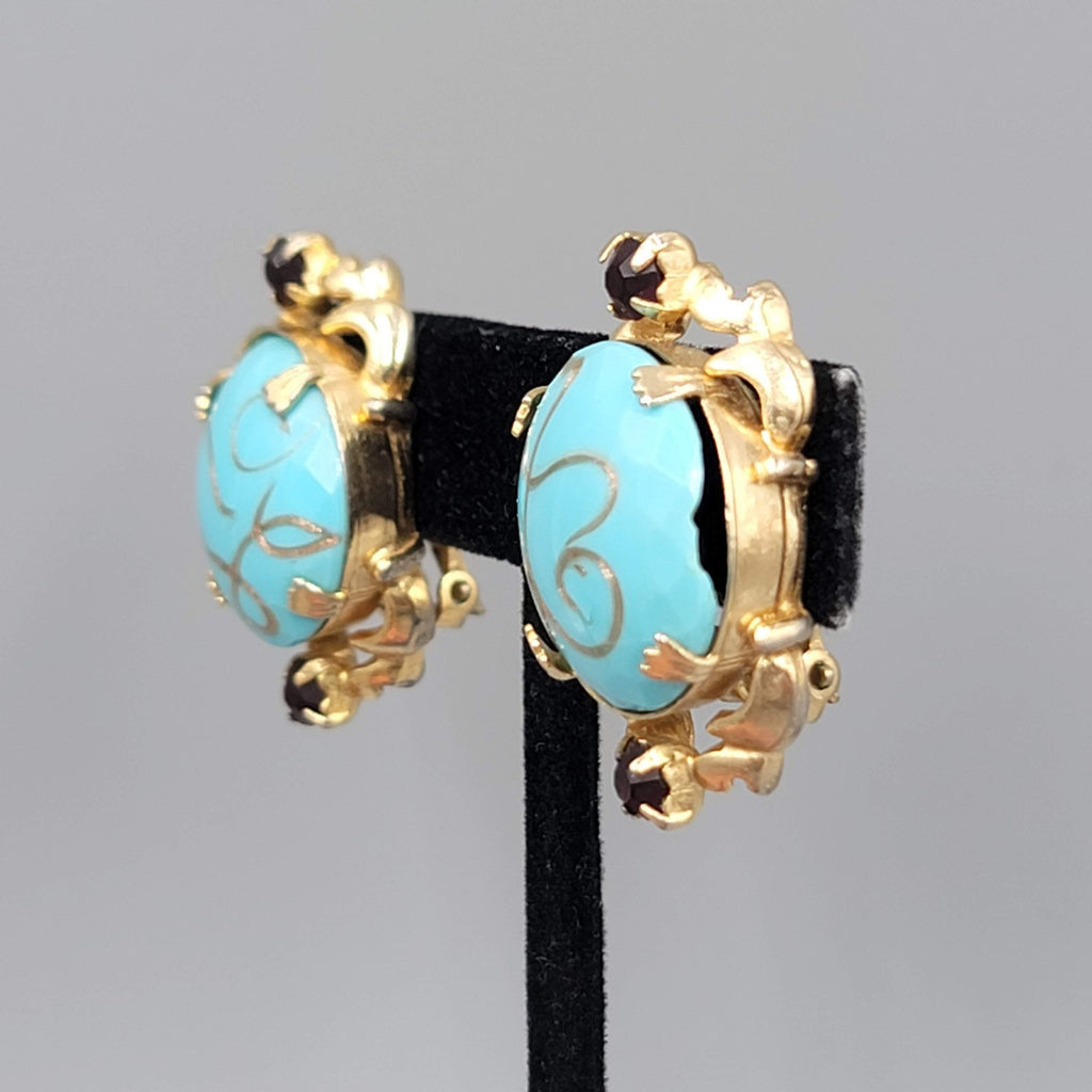 Vintage Blue Art Glass Clip on Earrings Gold tone Black Rhinestone 1.25 in