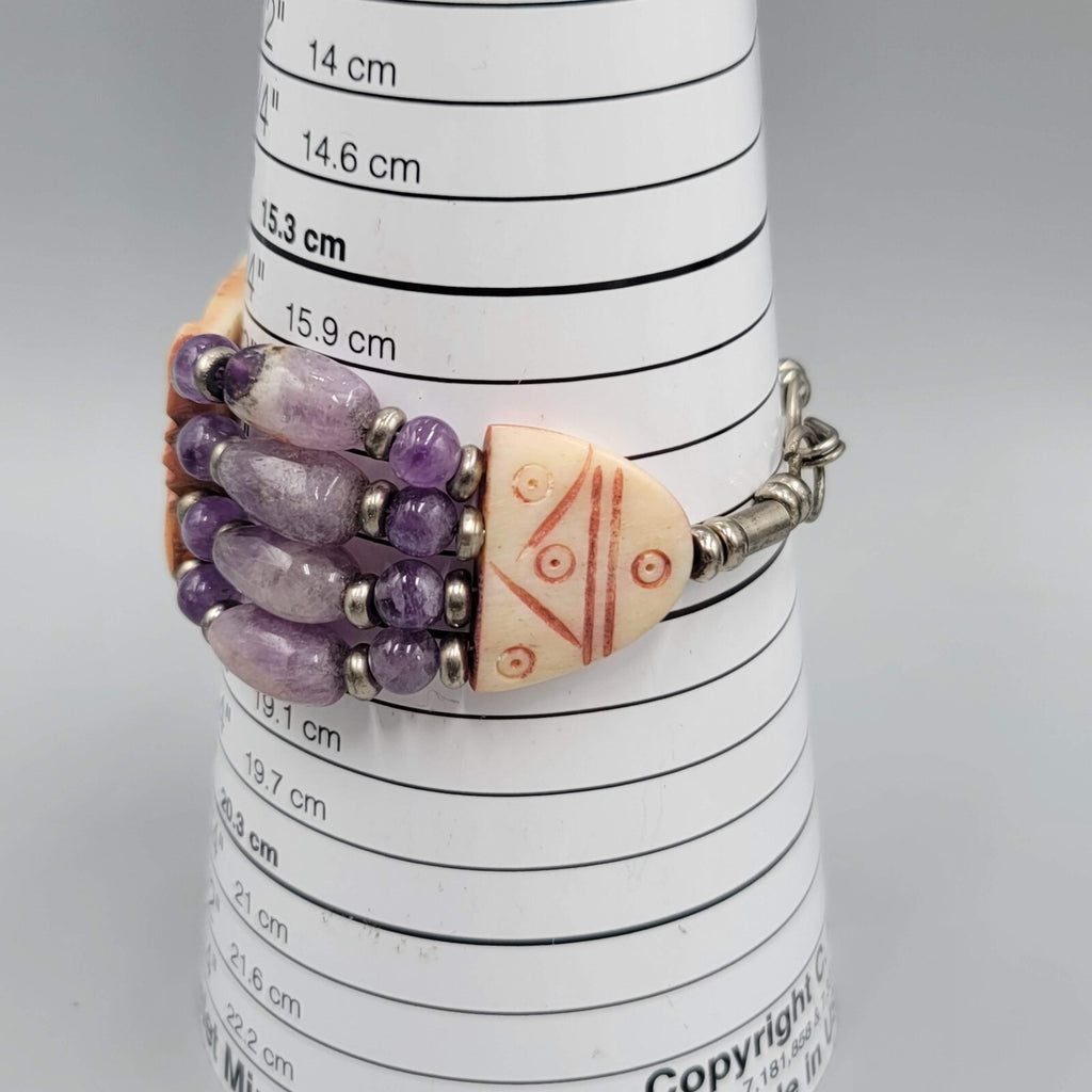 India Bracelet Hand Carved and Purple Amethyst Beads Silver tone 7 in