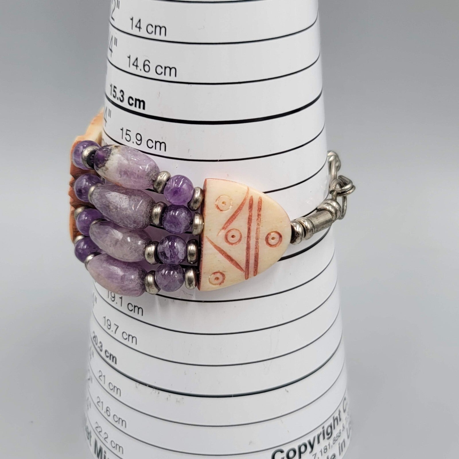 India Bracelet Hand Carved and Purple Amethyst Beads Silver tone 7 in