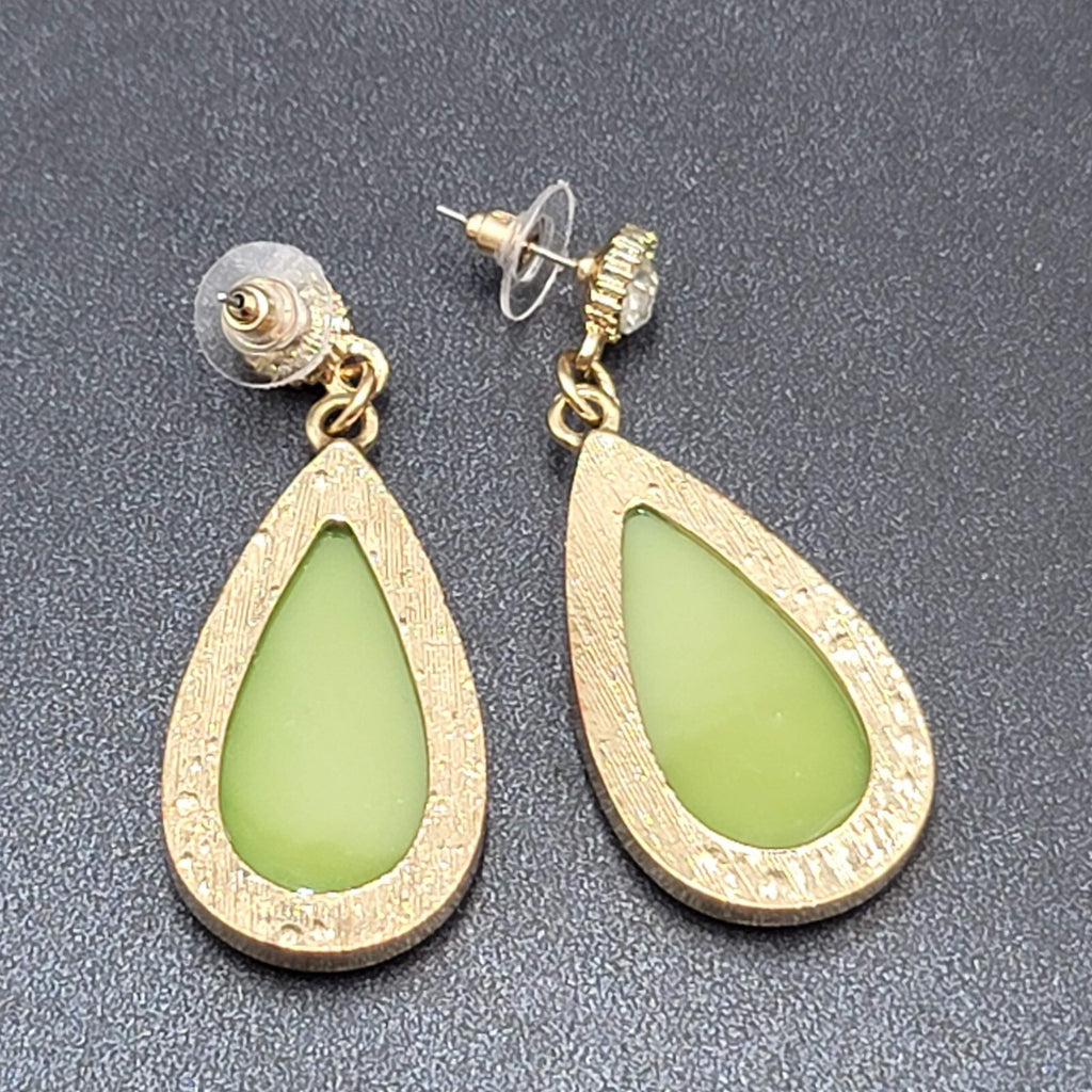 Pierced Earrings Gold tone Green Druzy Style Statement Dangle 2.25"