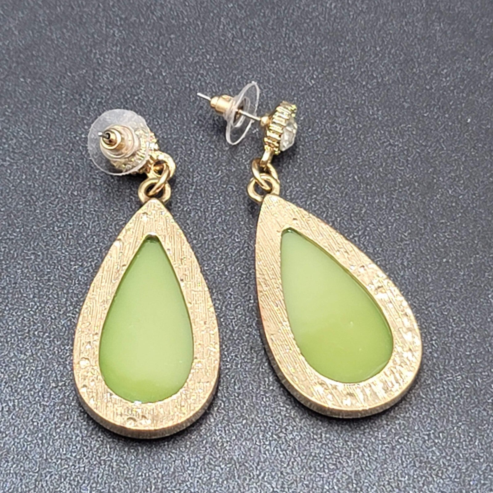 Pierced Earrings Gold tone Green Druzy Style Statement Dangle 2.25"