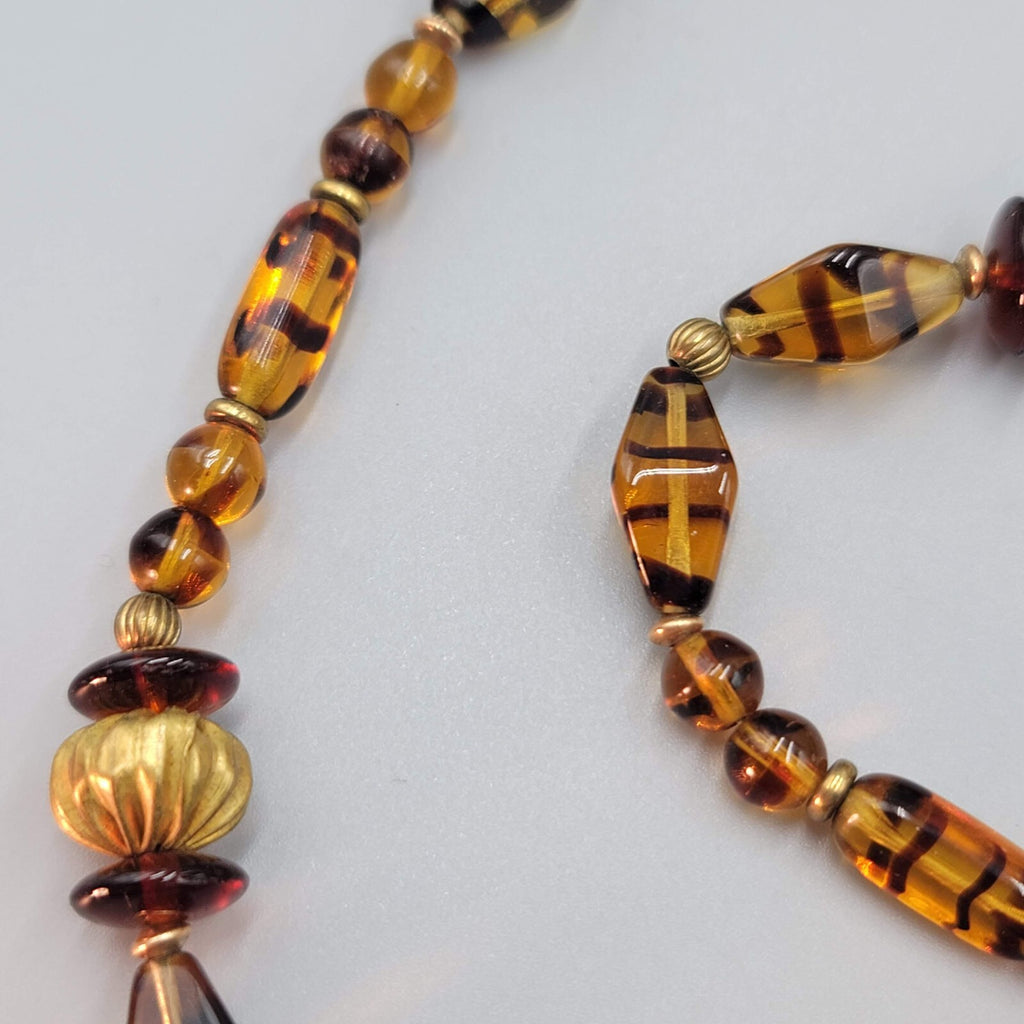 Brown Glass Bead Necklace Brass Bead 28"