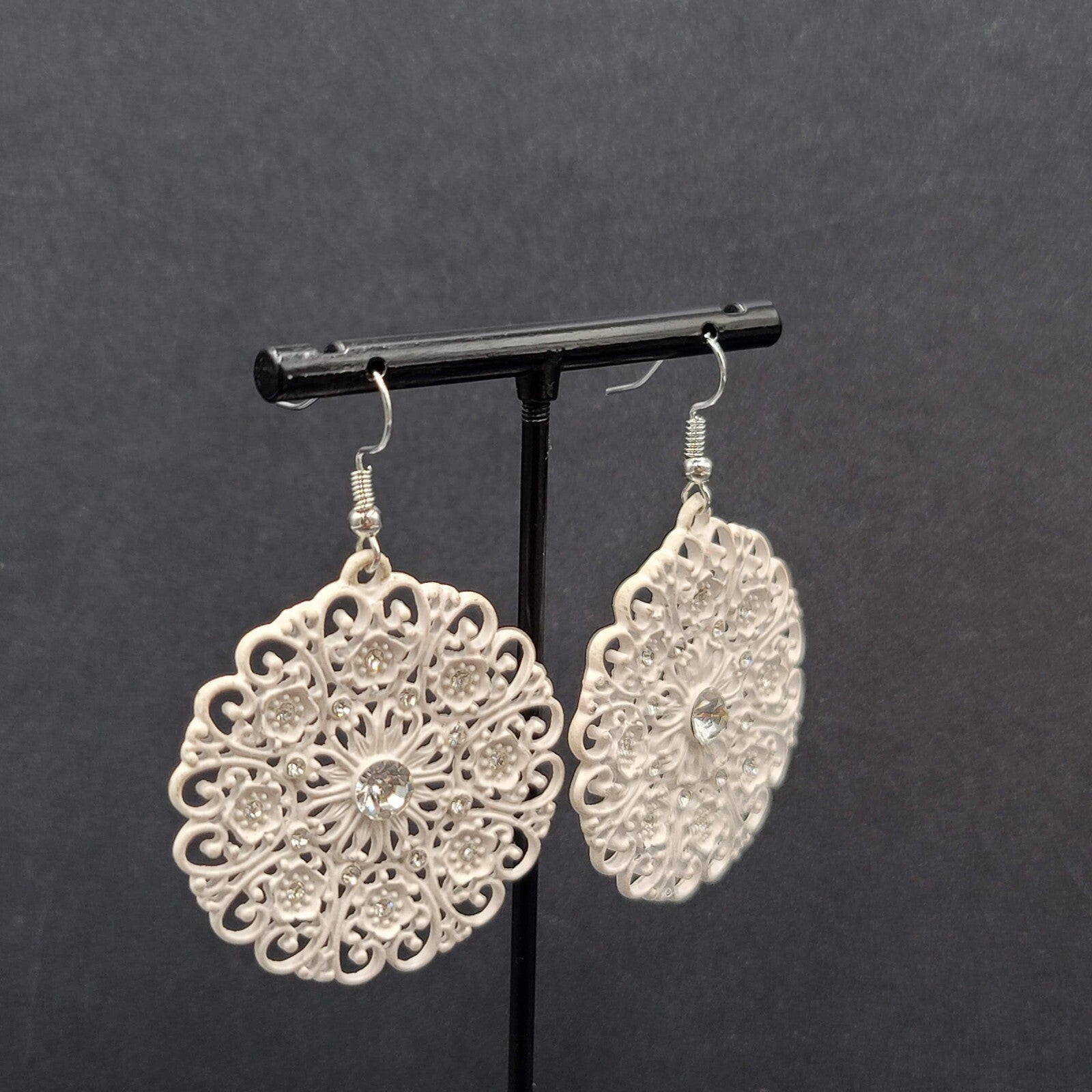 Pierced Earrings White Enamel Rhinestone Medallion Open Work 1.75"