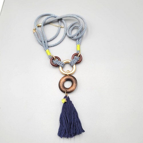 Blue White Statement Nautical Theme Necklace Tassel Gold tone 32"