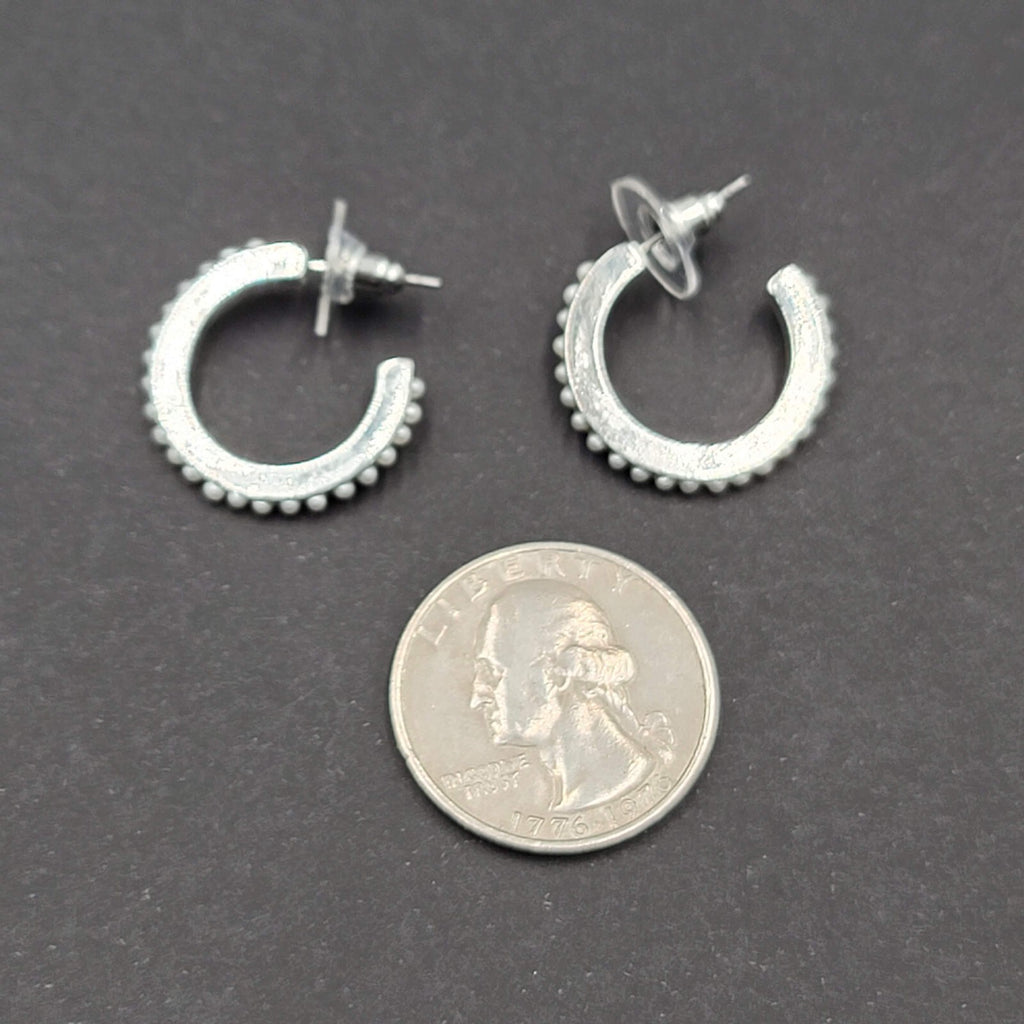 Pierced Earrings Silver tone White Beaded Hoops 3/4"