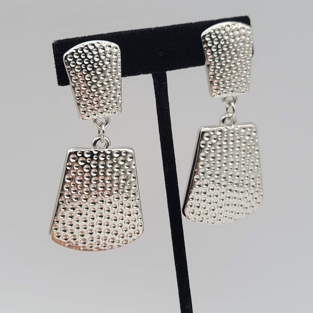 Vtg Hammered Silver Plated Clip on Earrings Statement Door Knocker Dangle 2.5 in