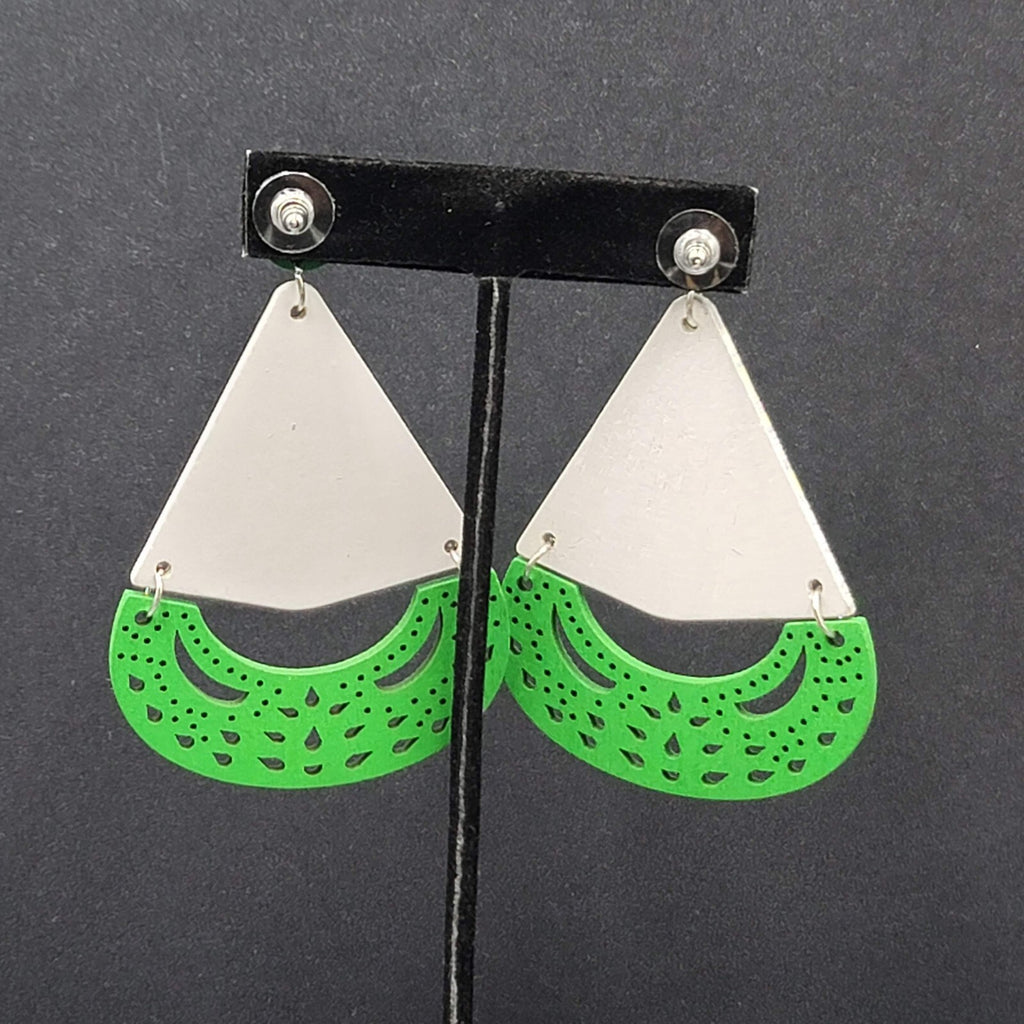 Pierced Earrings Green Multicolor Wood Statement Dangle Large 3"
