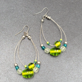 Pierced Earrings Silver tone Green Blue Glass Beads Statement Hoops 2 1/8"