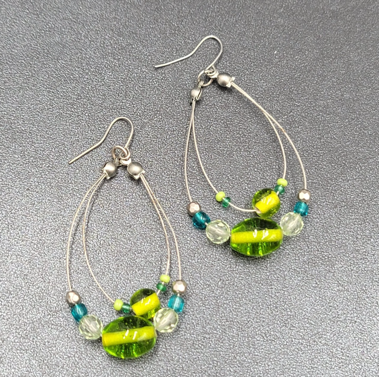 Pierced Earrings Silver tone Green Blue Glass Beads Statement Hoops 2 1/8"