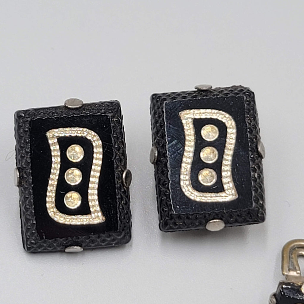 Vintage Cufflinks and Shirt Stud Set Black Glass Rhinestone Silver tone