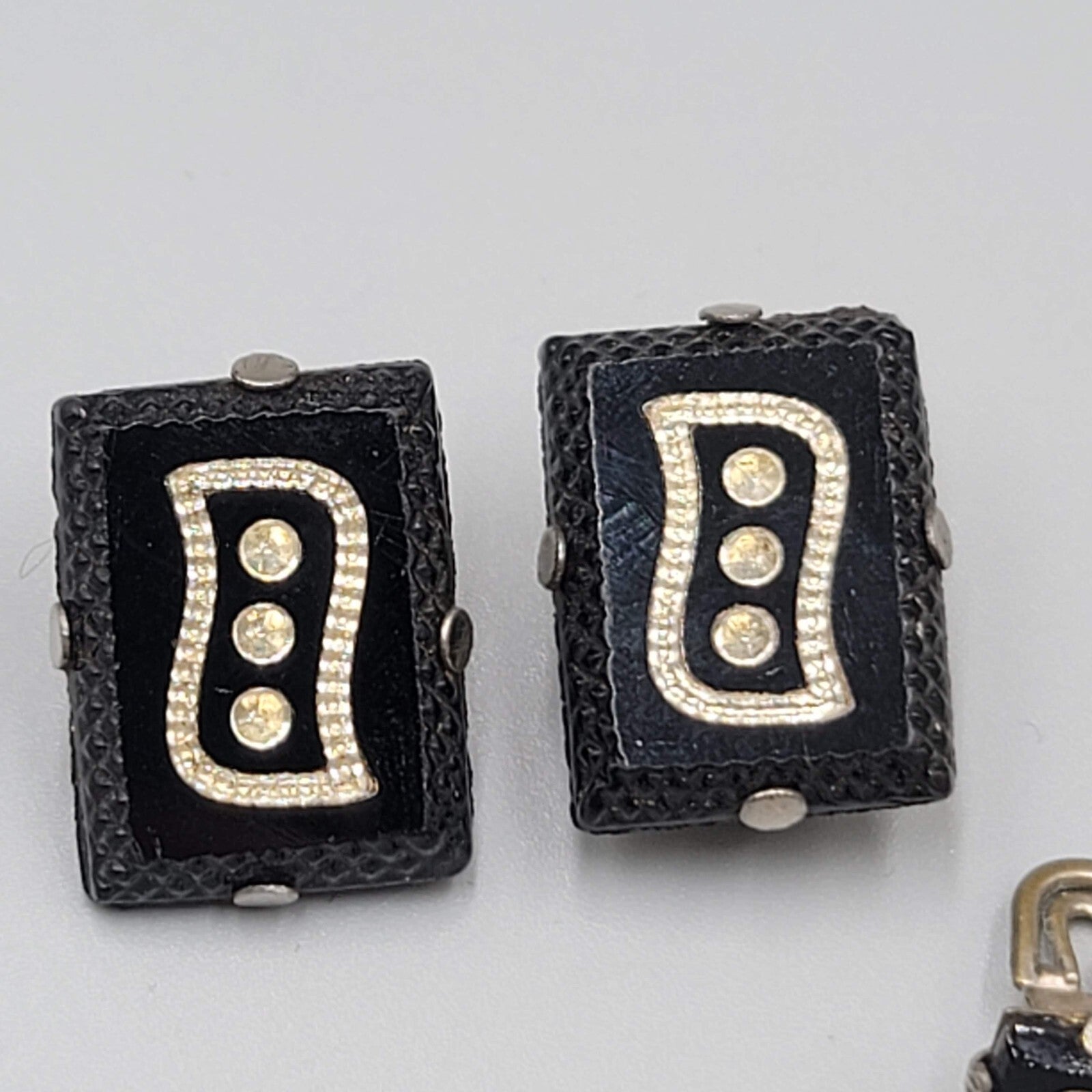 Vintage Cufflinks and Shirt Stud Set Black Glass Rhinestone Silver tone