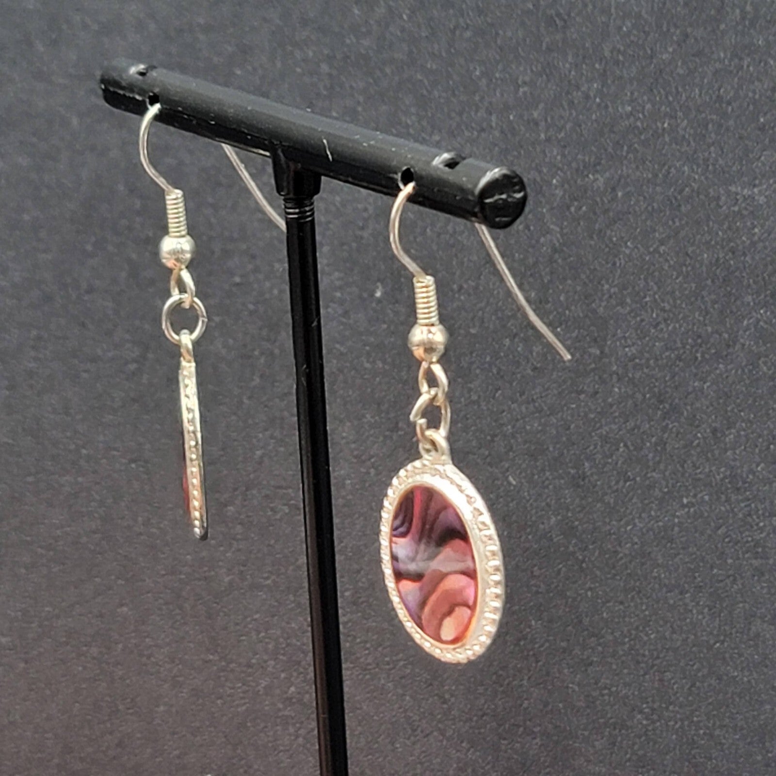 Vintage Pierced Earrings Silver tone Oval Faux Abalone Dangle 3/4"