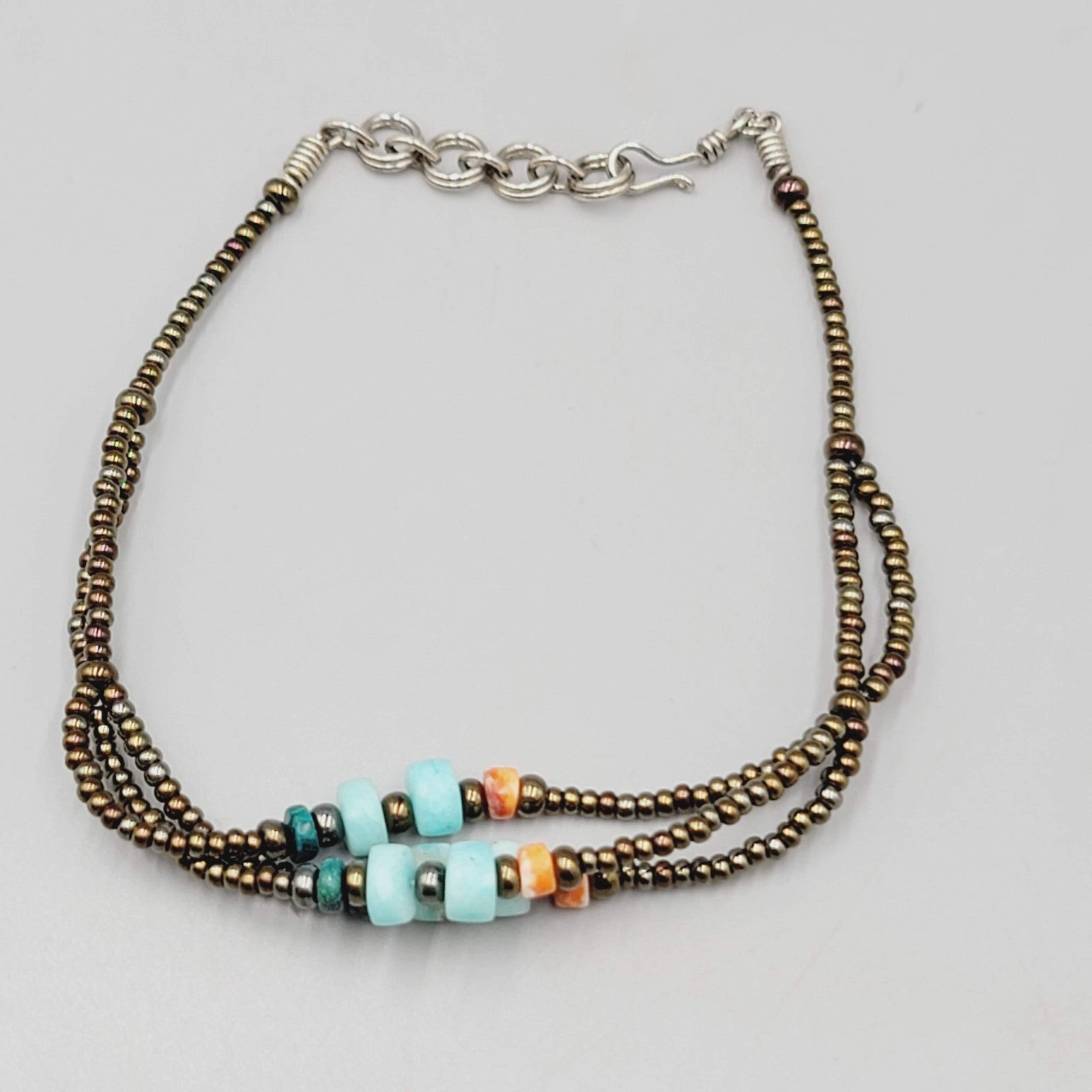 Beaded Anklet Stone and Shell Bronze tone 9.5"-11"