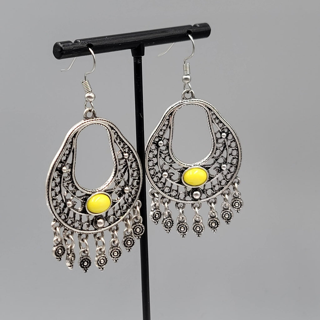 Chandelier Pierced Earrings Silver tone Yellow Accent Dangle 2"