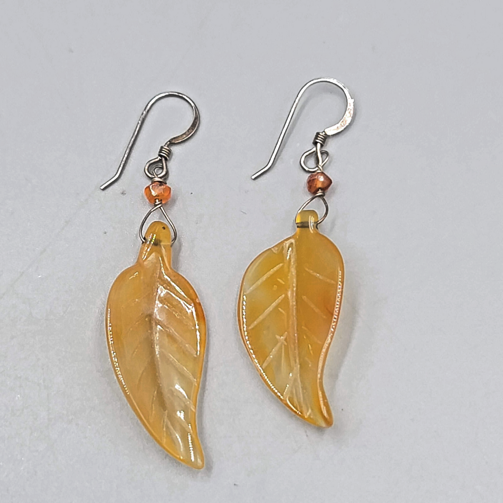 Sterling Silver Carved Agate Leaf Pierced Earrings Dangle 1.75"