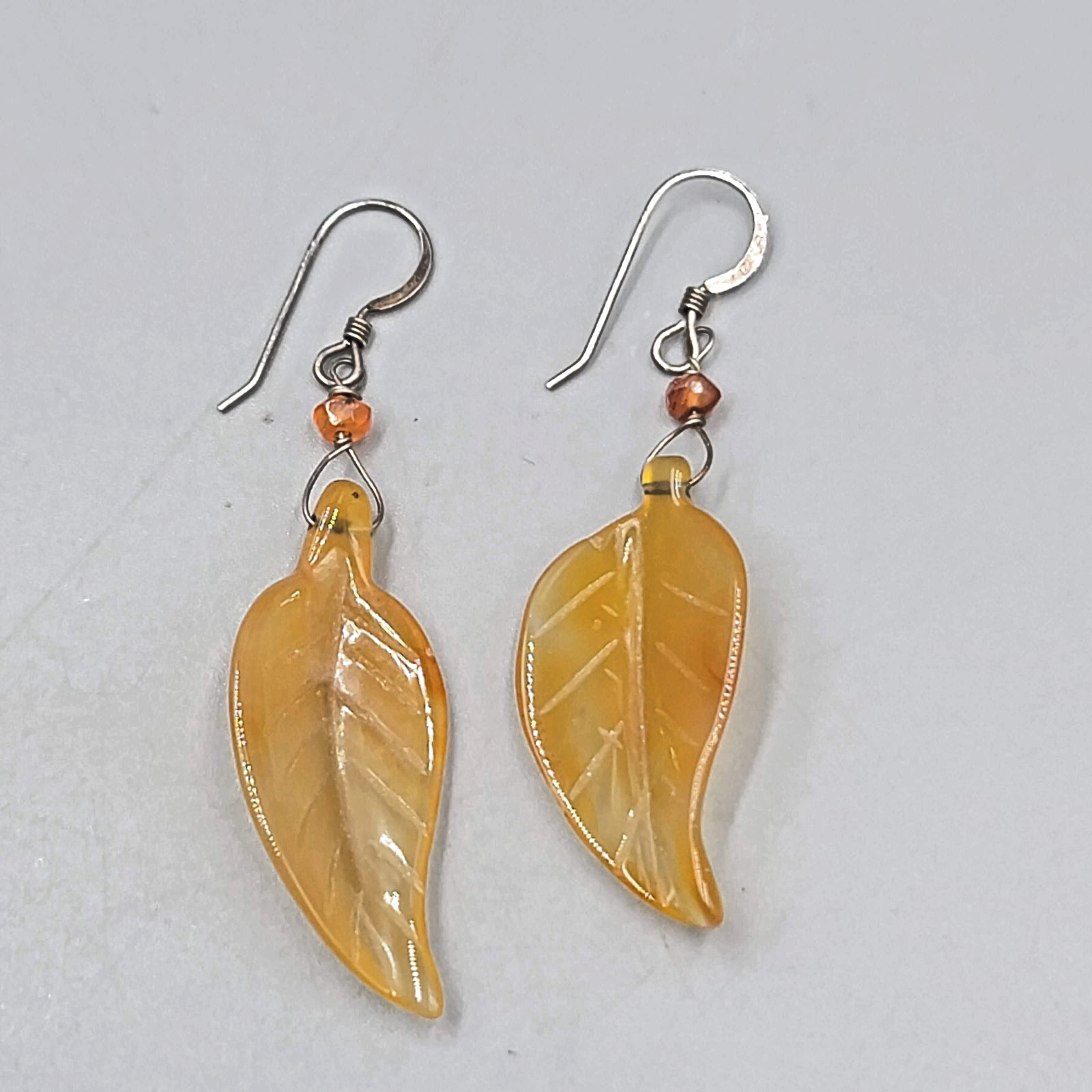 Sterling Silver Carved Agate Leaf Pierced Earrings Dangle 1.75"