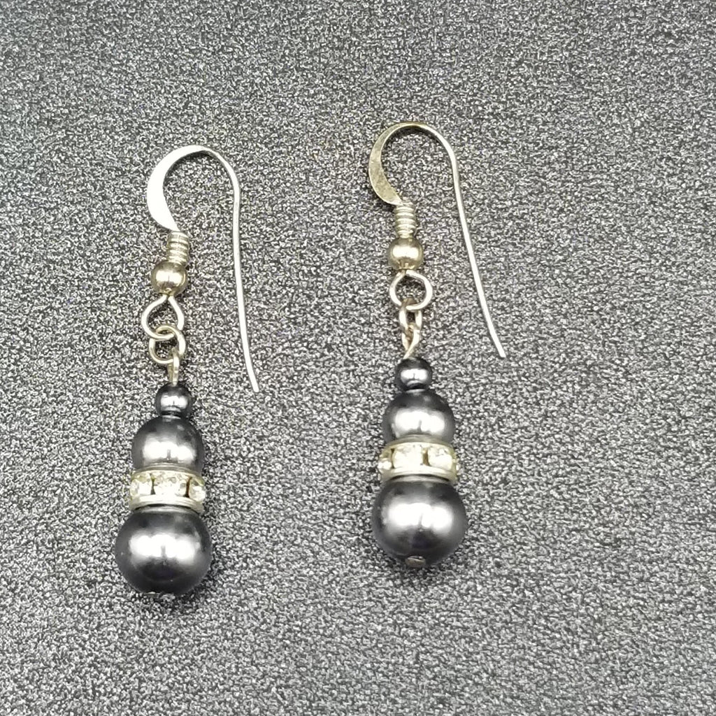 Pierced Earrings Silver tone Blue Faux Pearl Beaded Dangle  3/4"