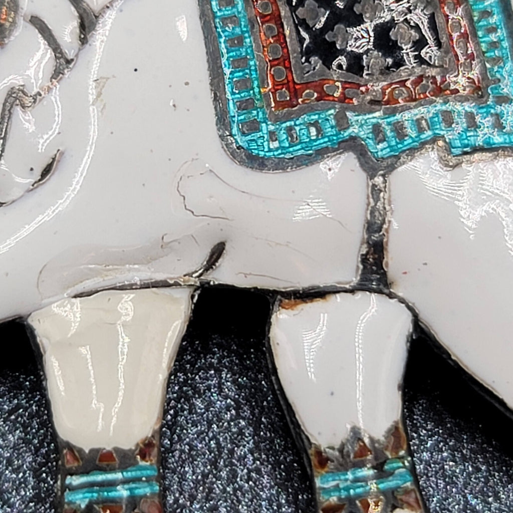Vintage Sterling Silver Signed Elephant Brooch Enameled White Siam 2"