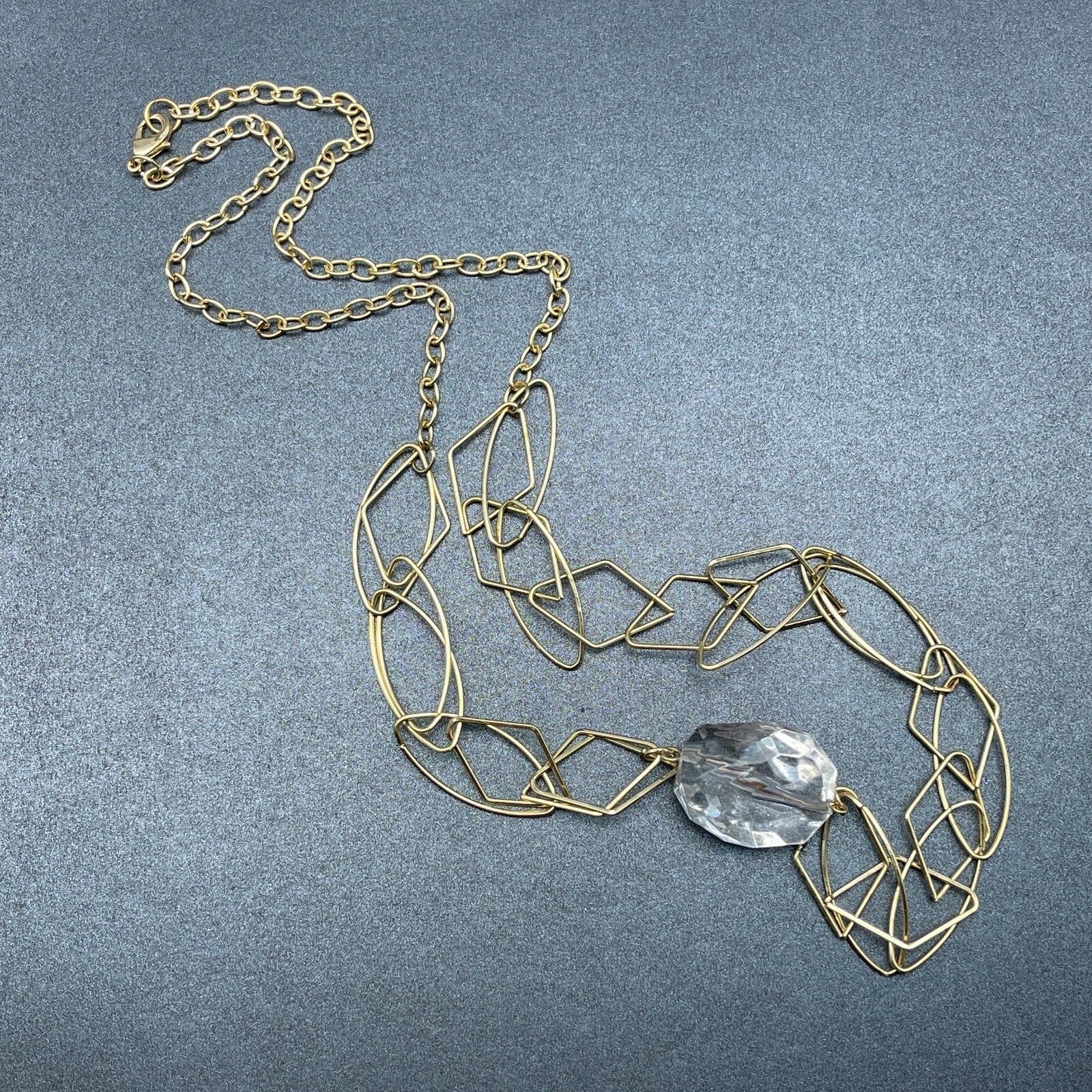 Gold tone Large Link Clear Acrylic Bead Statement Necklace 34" Estate Jewelry