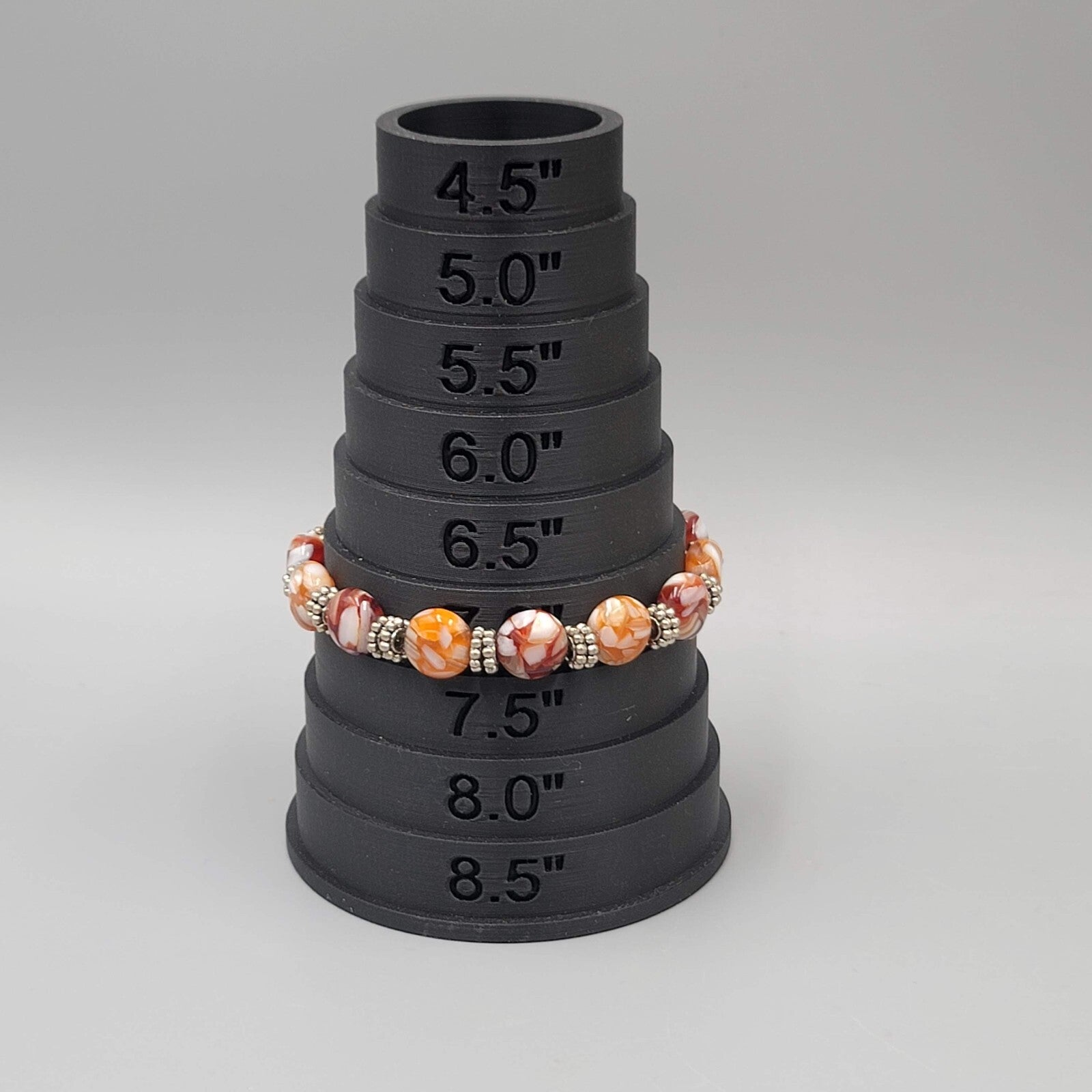Glass Bead Stretch Bracelet Red White Orange White Silver tone 7"