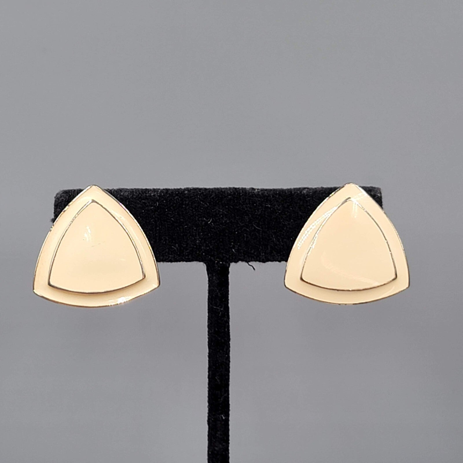 Vintage Pierced Earrings Cream Enamel Triangle Silver tone 1"