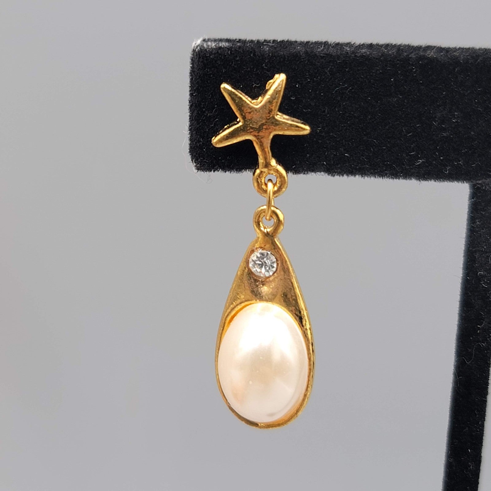 Star Crystal Faux Pearl Pierced Earrings Gold Plated Dangle 1.5 in