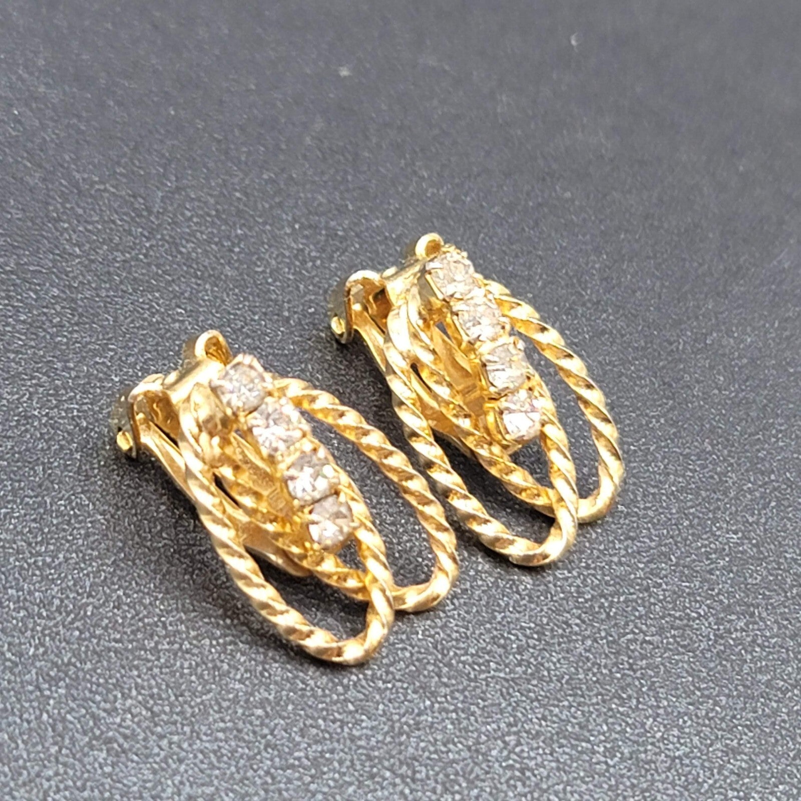 Vintage Clip on Earrings Textured Gold tone Rhinestone Drop 3/4"