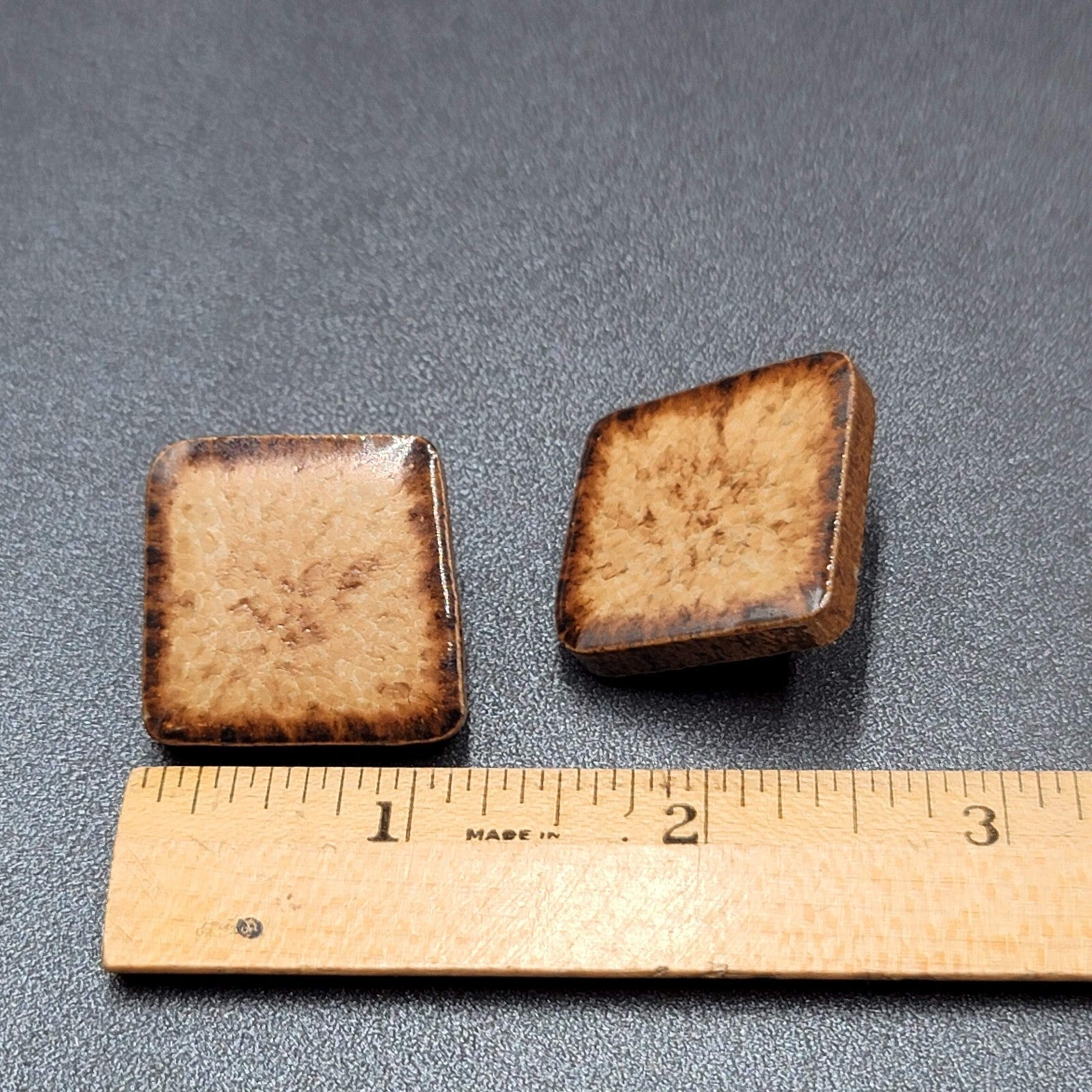 Pierced Earrings Clay Pottery Squares Brown  1 1/8"